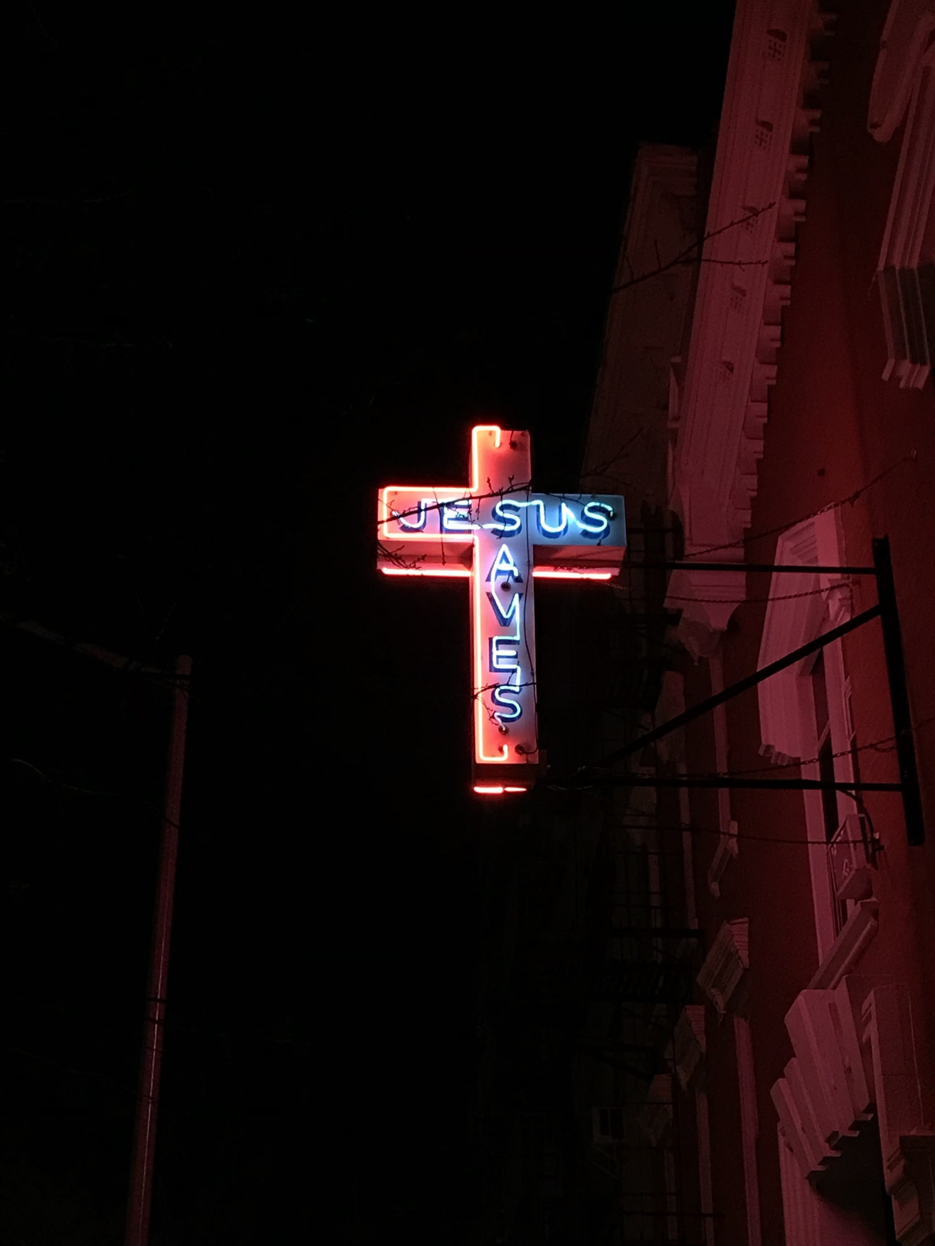low angle view, communication, built structure, text, city, neon light, dark, building exterior, nature, neon, jesus, outdoors, night, neon sign, saves, Phone HD Wallpaper