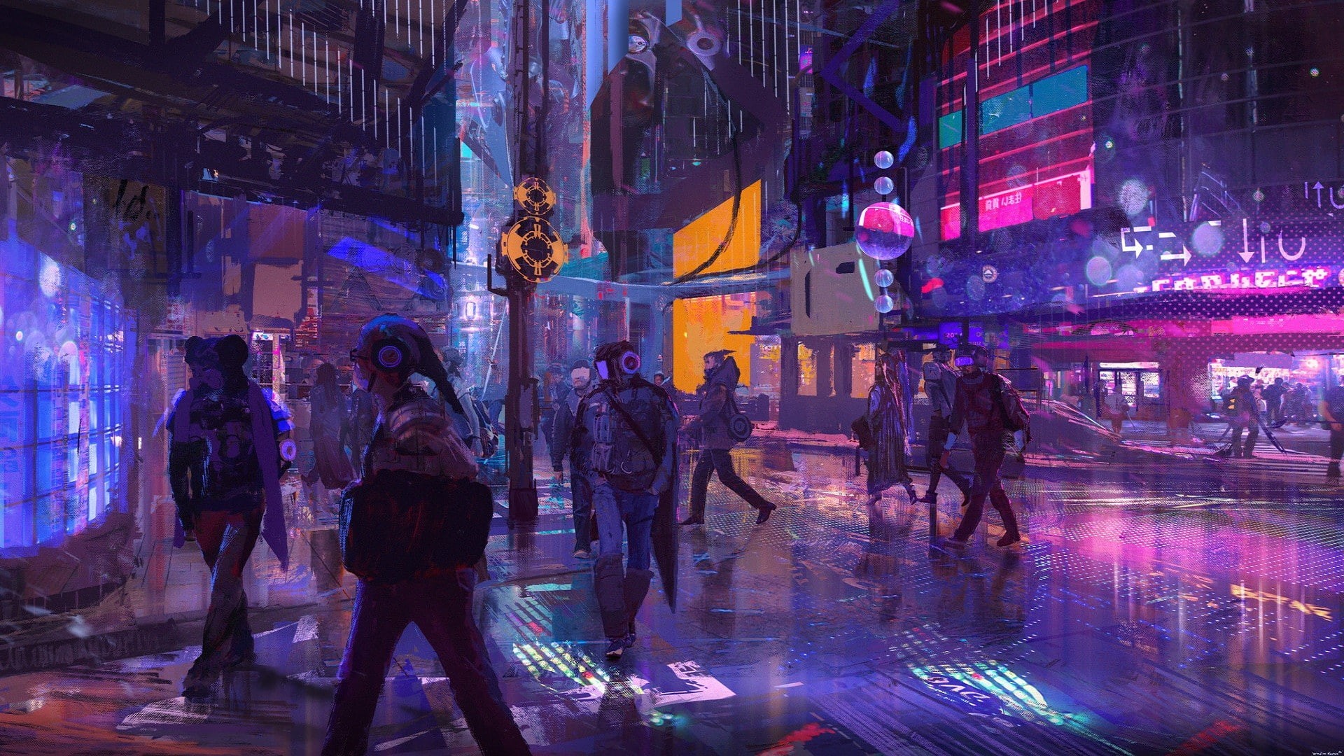 1080P, artwork, colorful, digital art, city, science fiction, futuristic, people, cyber, abstract, cyberpunk, fantasy art, helmet, HD Wallpaper