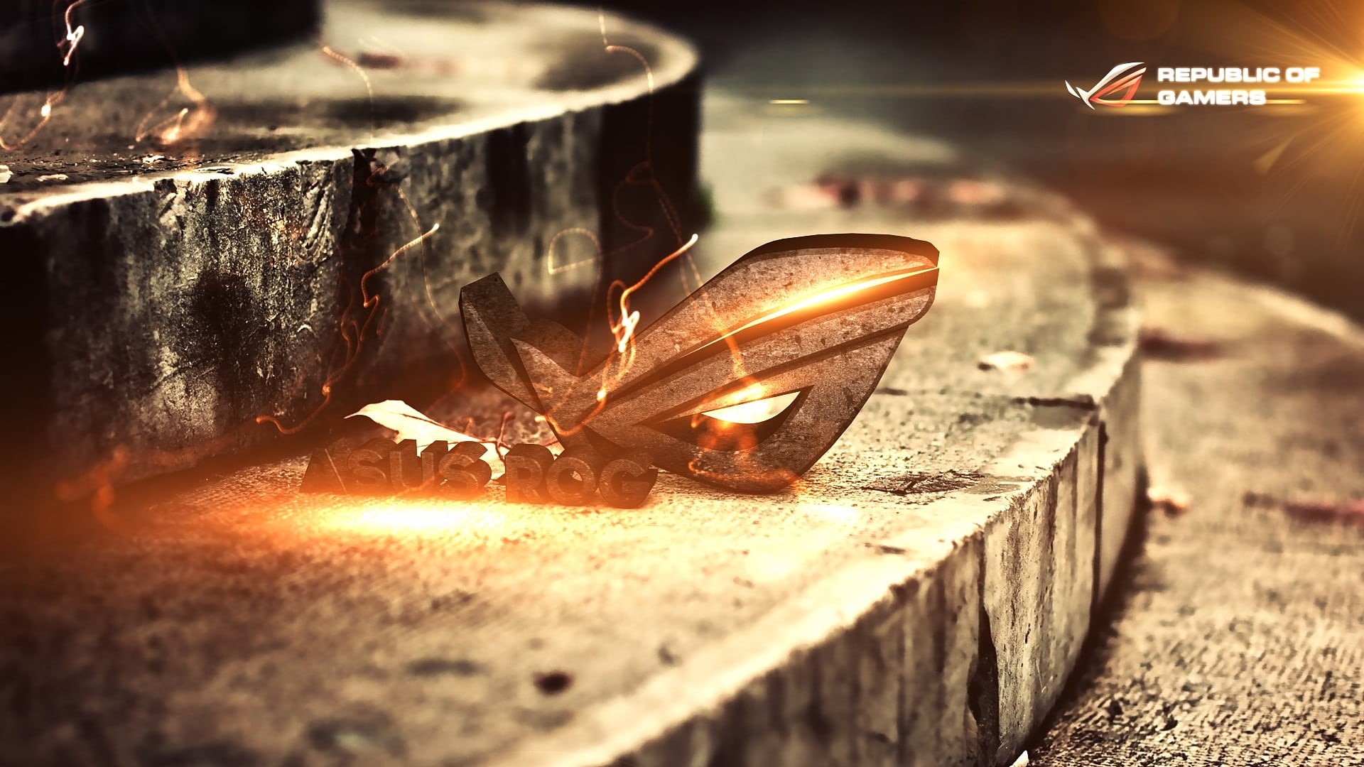 transportation, selective focus, night, fire - natural phenomenon, metal industry, logo, ASUS, CGI, wood, no people, firewood, digital art, 1080P, flame, HD Wallpaper