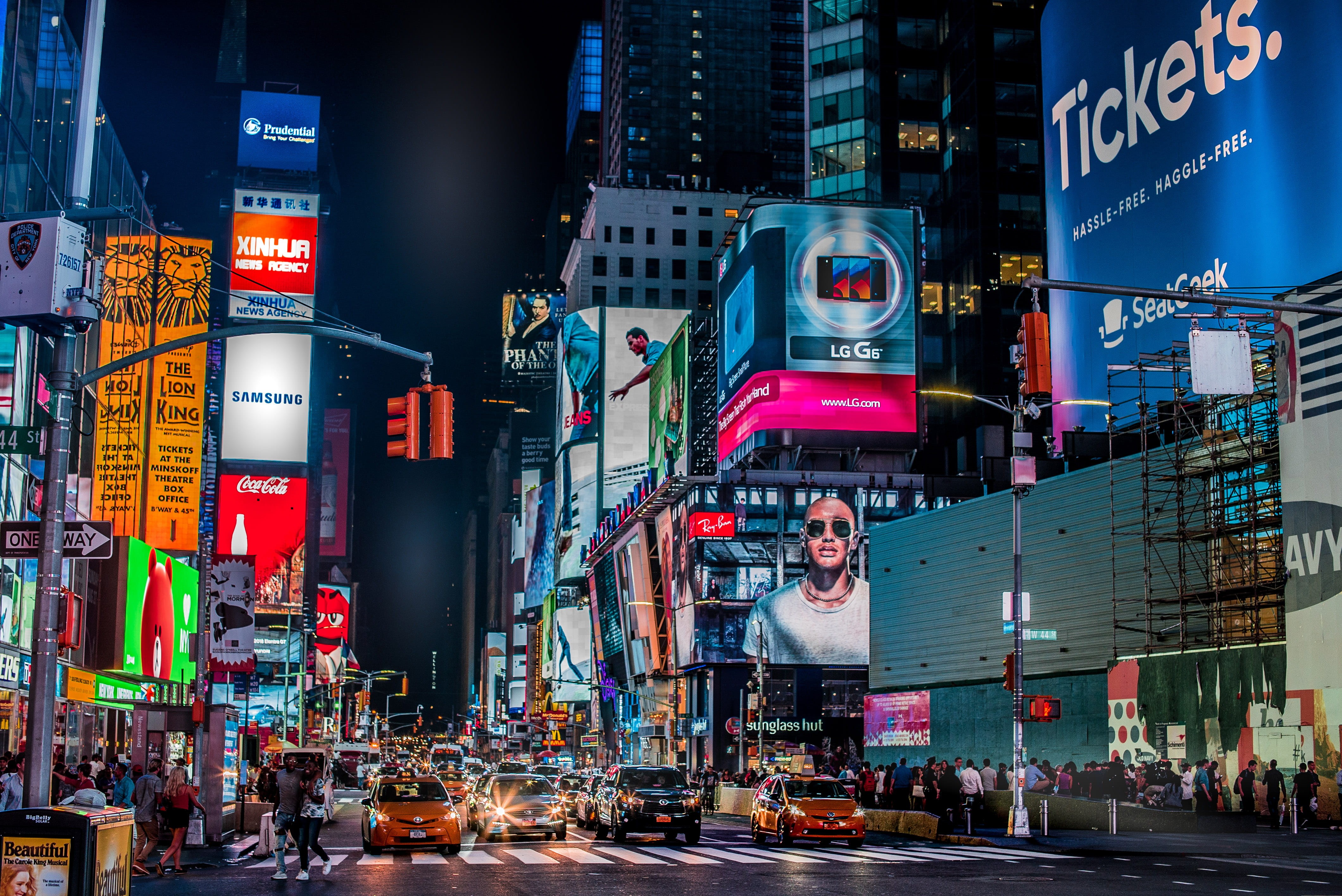 night life, advertisement, transportation, street, city life, building exterior, city street, architecture, york, skyscraper, crossing, time square, car, HD Wallpaper