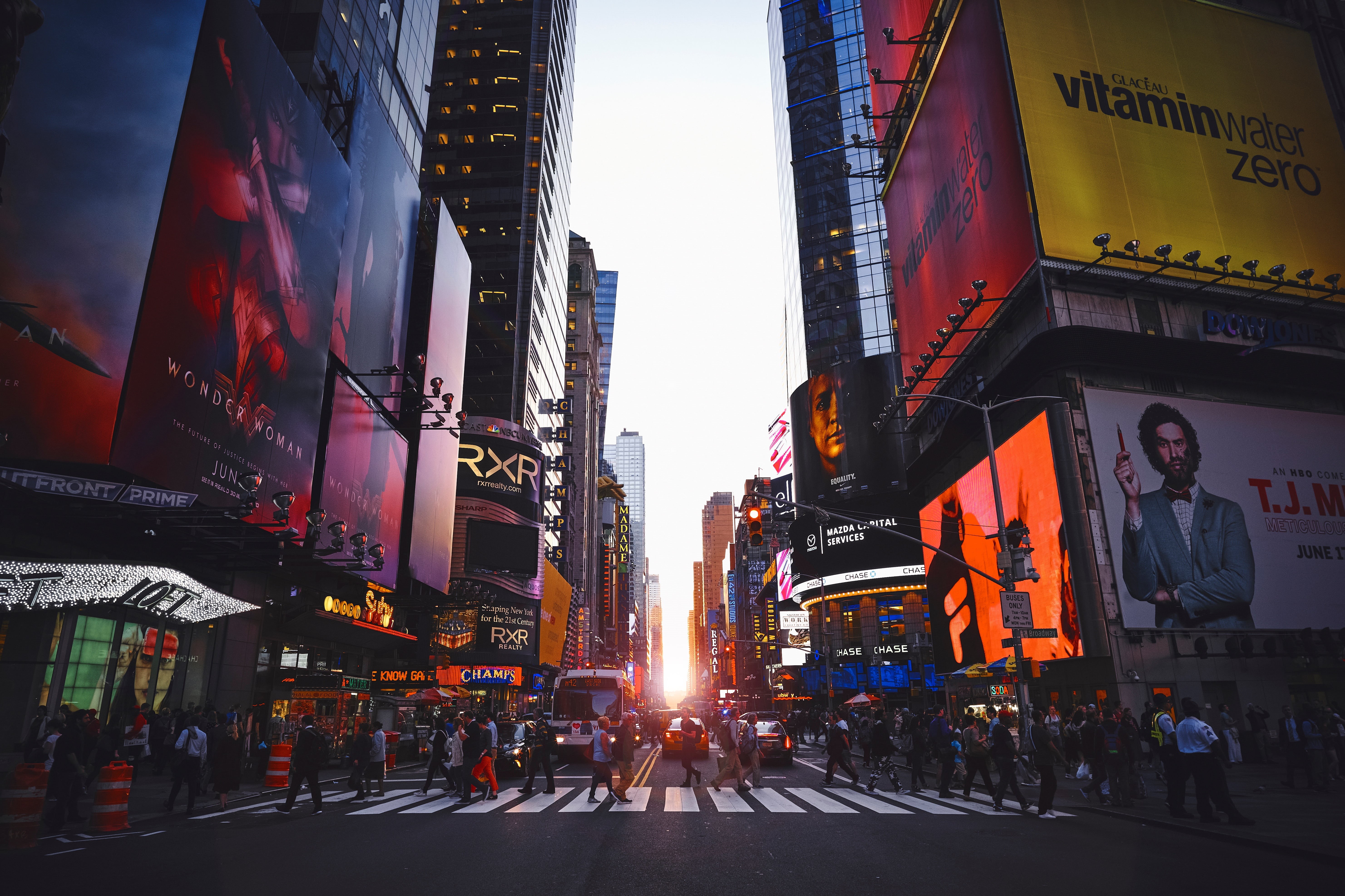 daytime, times Square - Manhattan, sign, large group of people, broadway - Manhattan, pedestrian, urban, 5K, community, communication, architecture, light, HD Wallpaper