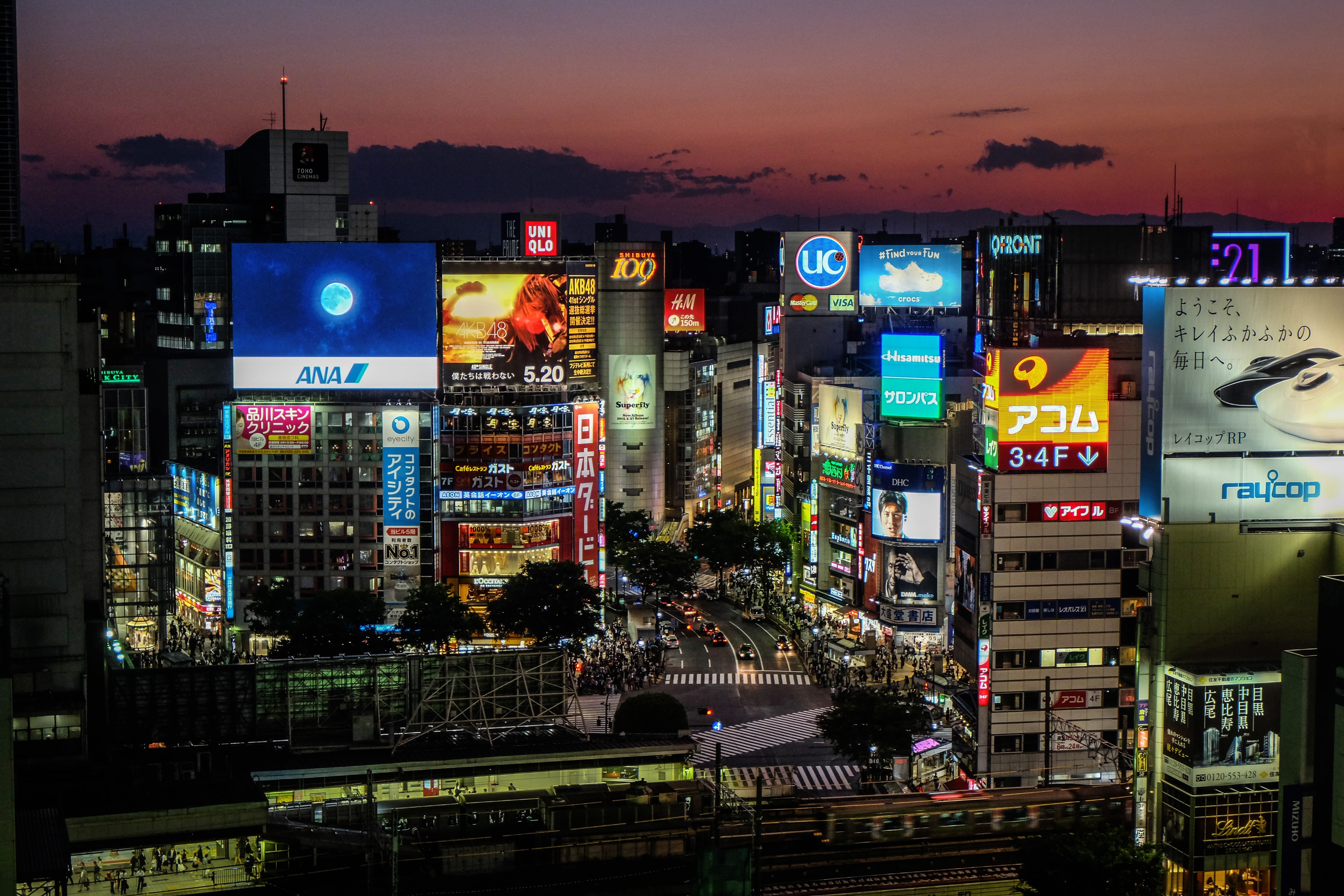 centre, tokyo, 4K, text, advertisement, billboard, skyscraper, illuminated, building, sky, architecture, travel destinations, twilight, signs, district, HD Wallpaper