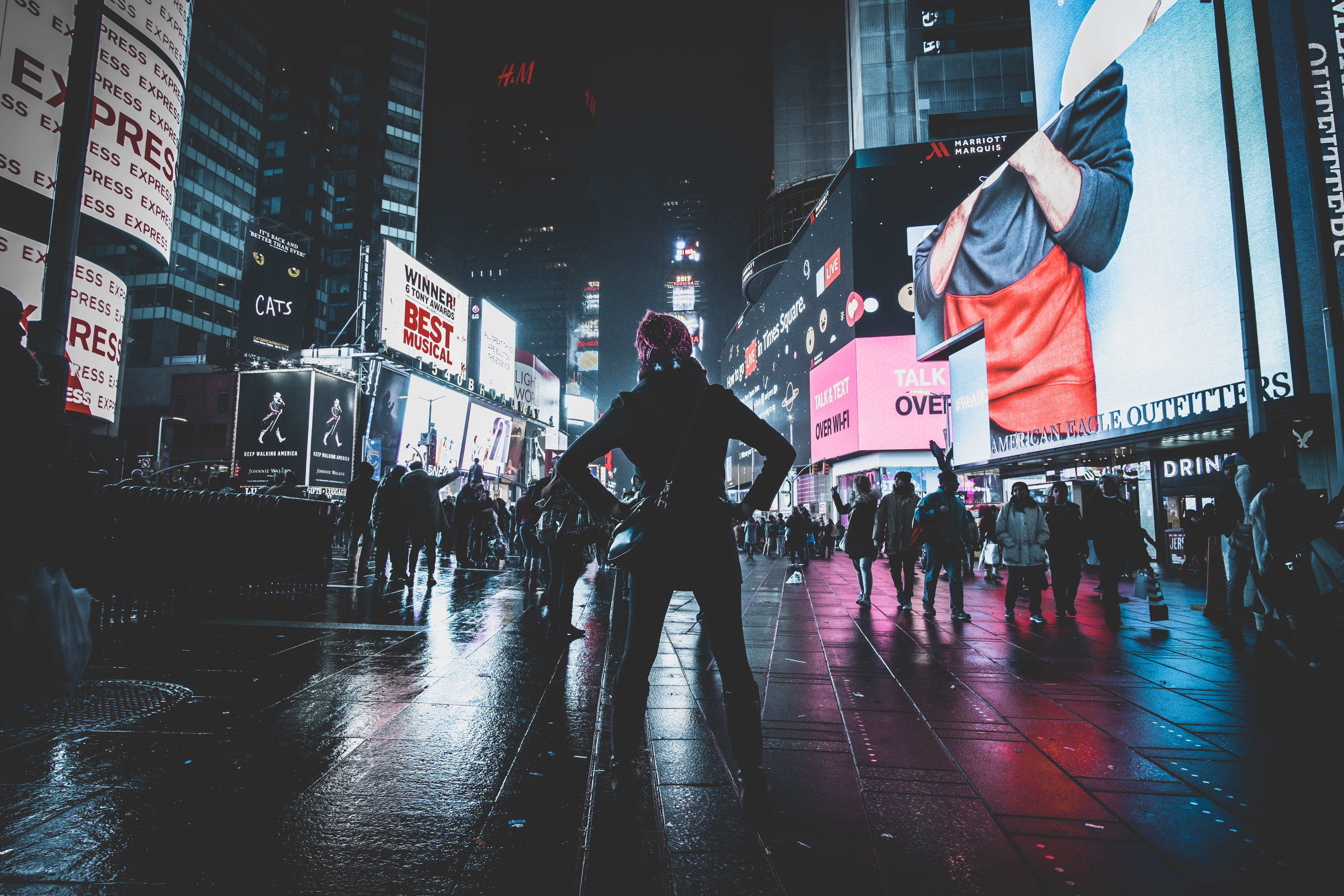 urban, building, nyc, night, manhattan - New York City, crowd, people, protest, neon, rise, urban Scene, cityscape, times square, protestor, HD Wallpaper