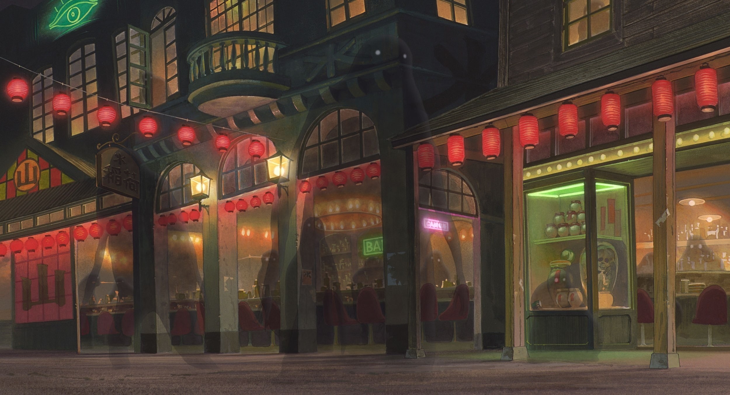 1080P, communication, glass - material, architecture, Studio Ghibli, Spirited Away, night, anime, illuminated, city, outdoors, shopping, multi colored, HD Wallpaper
