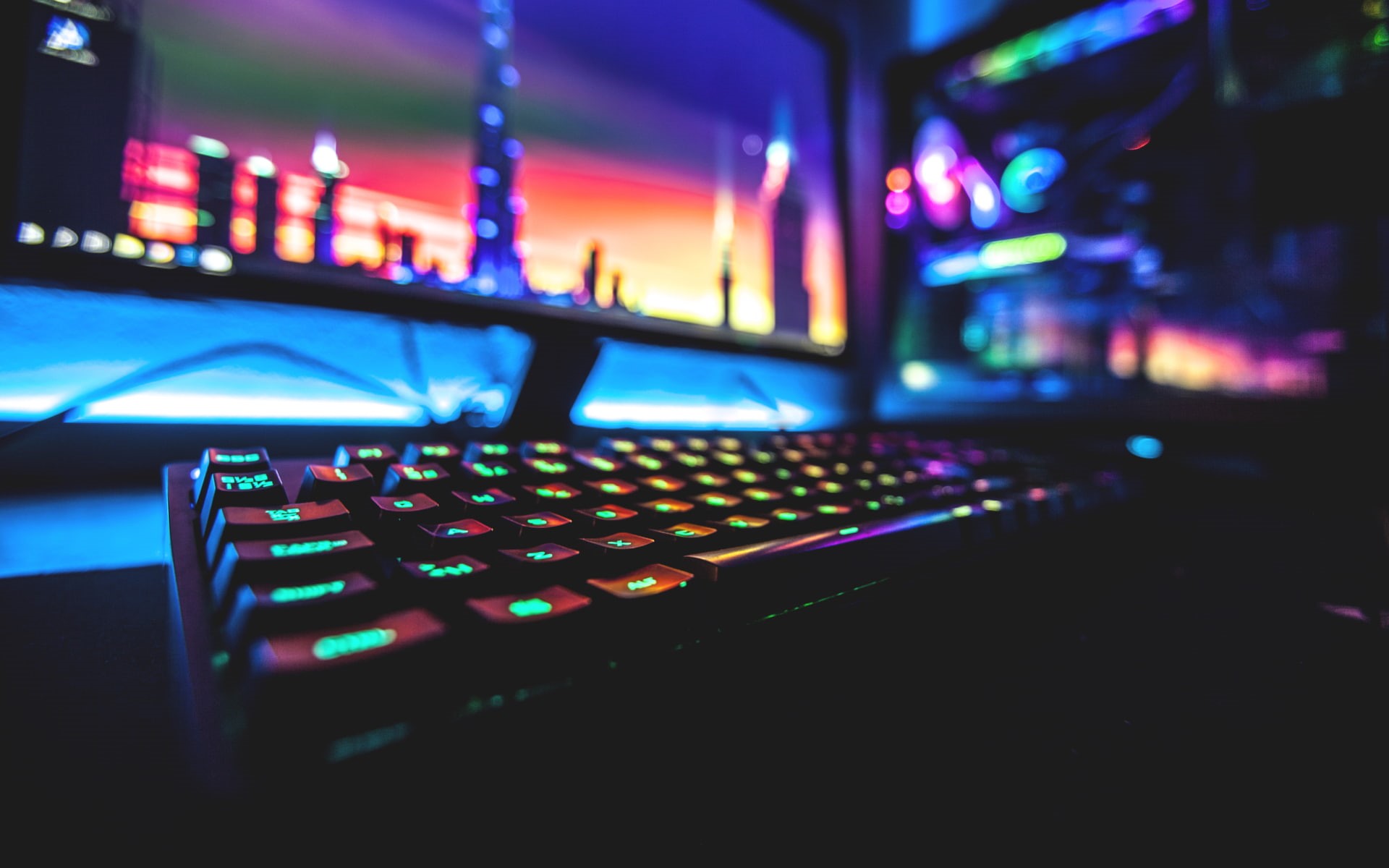 keyboards, neon, colorful, 1080P, computer, PC gaming, HD Wallpaper