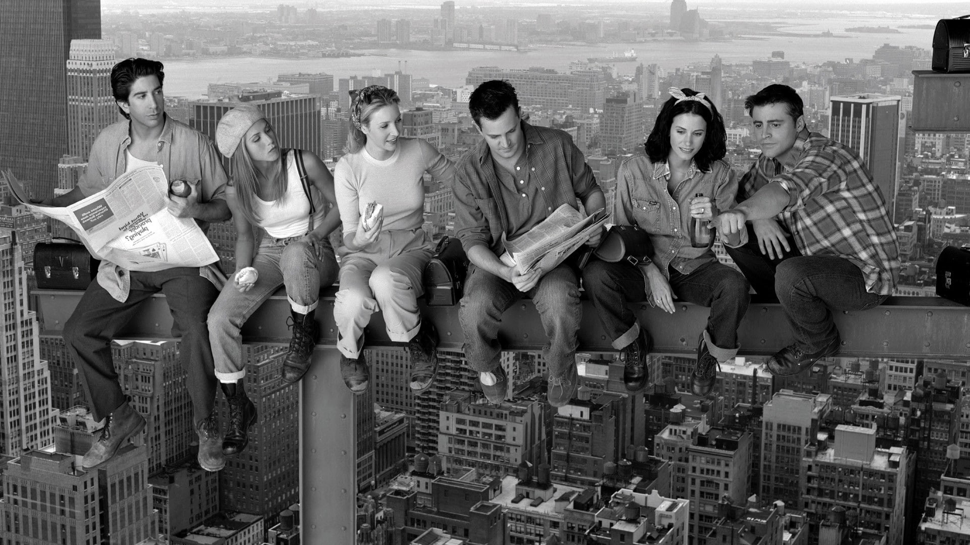 city, looking at camera, young women, 1080P, building exterior, crowd, young men, full length, casual clothing, day, built structure, Friends (TV Series), HD Wallpaper