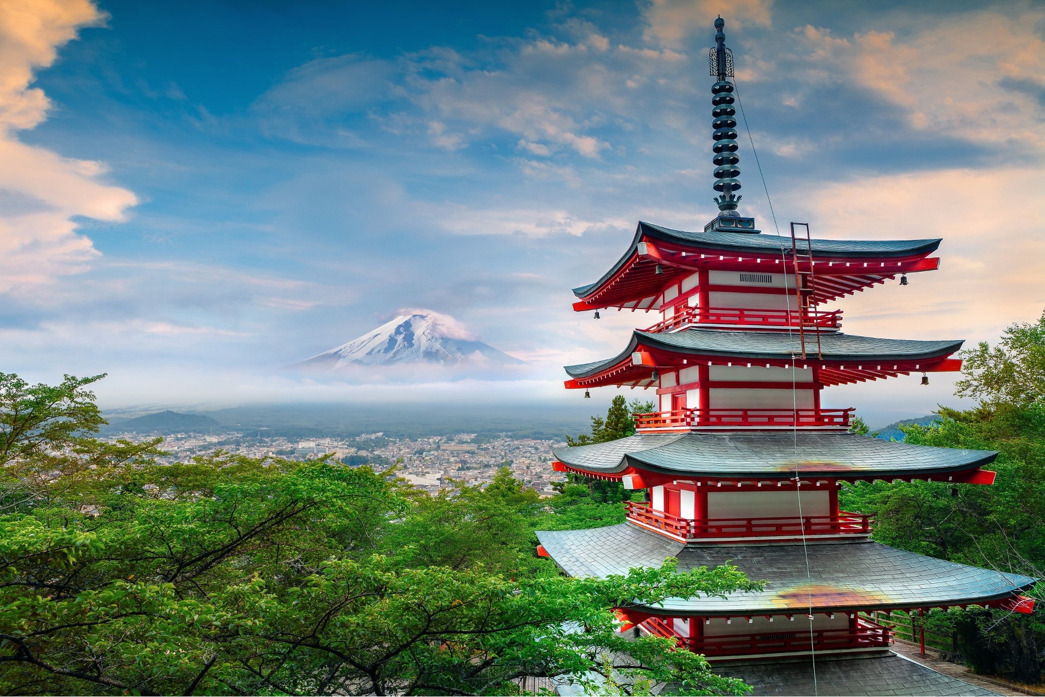 asia, mt Fuji, outdoors, tree, spire, landscape, tokyo Prefecture, pagoda, sky, building, house, stratovolcano, tourism, kyoto City, Fuji, mount, nature, HD Wallpaper