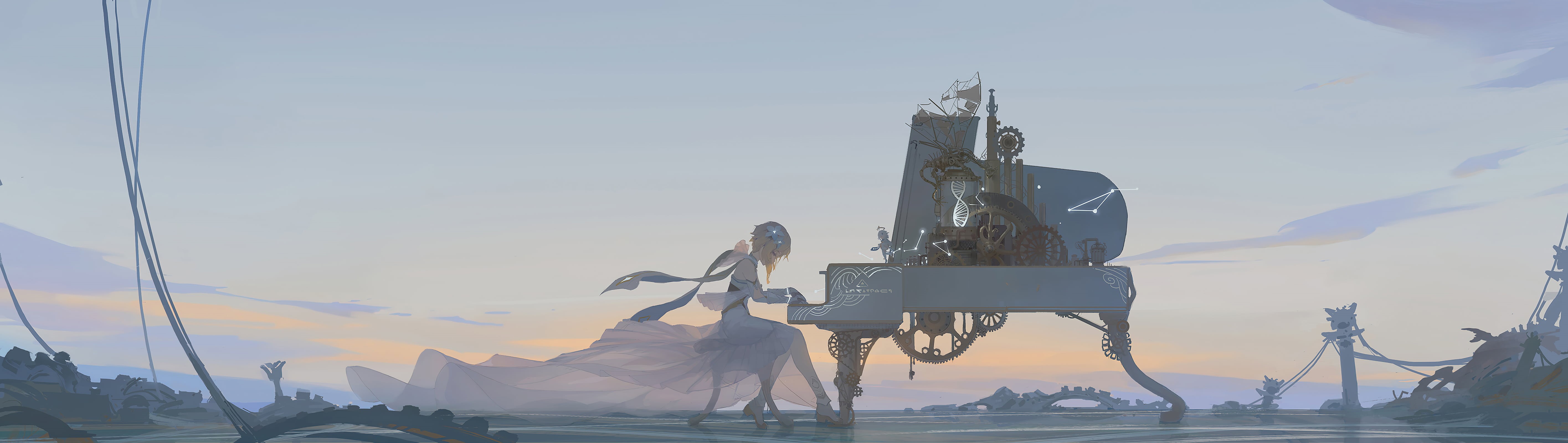 video game art, ultrawide, pianists, daylight, Lumine (Genshin Impact), ultra-wide, Paimon, video games, Genshin Impact, digital art, piano, clouds, 5K, HD Wallpaper