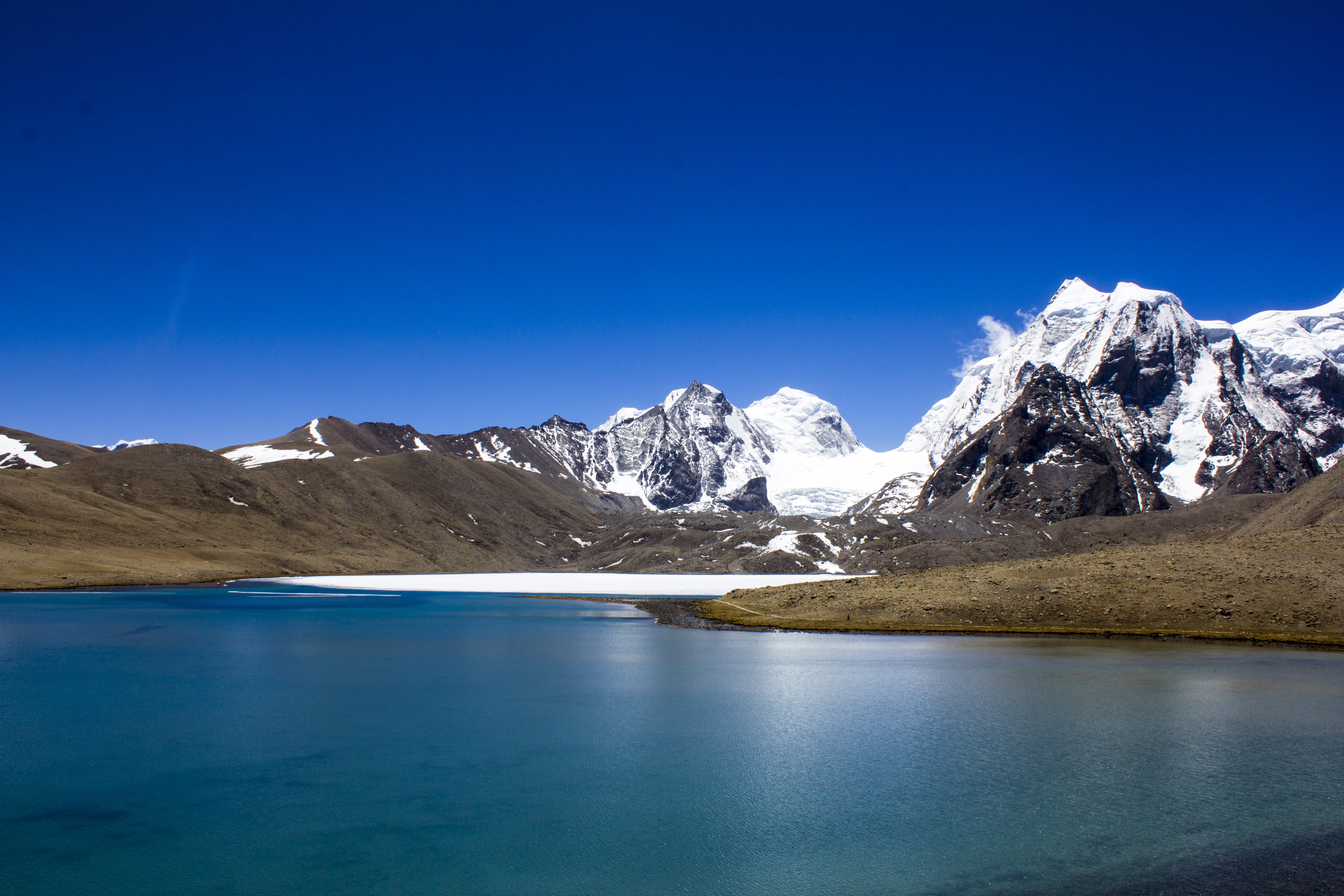 blue, mountain range, sikkim, water, clear sky, cold, scenic, winter, gurudongmar lake, glacier, mountain peak, sky, cold temperature, land, landscape, HD Wallpaper