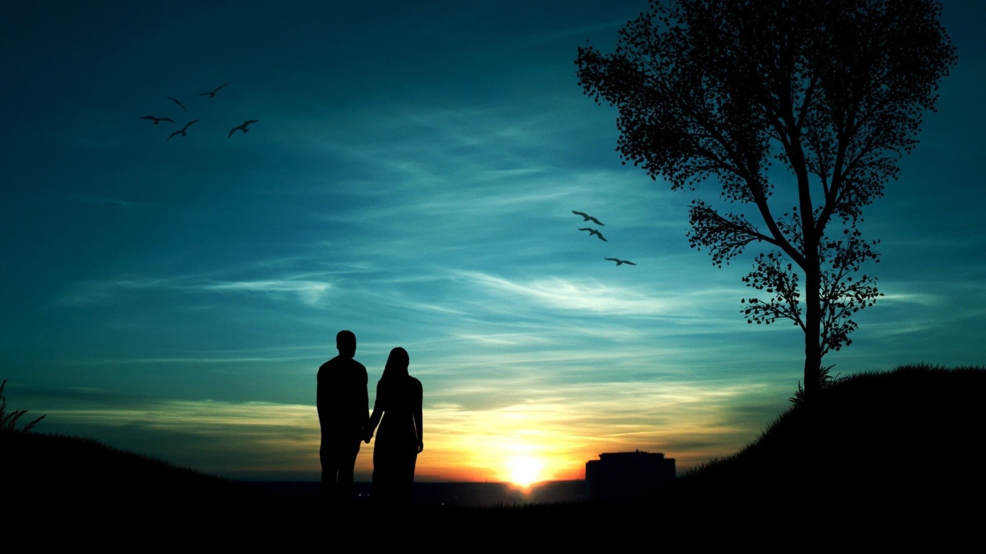 Silhouette, Romantic, Sunset, 1080P, Evening, Couples, Birds, Trees, HD Wallpaper