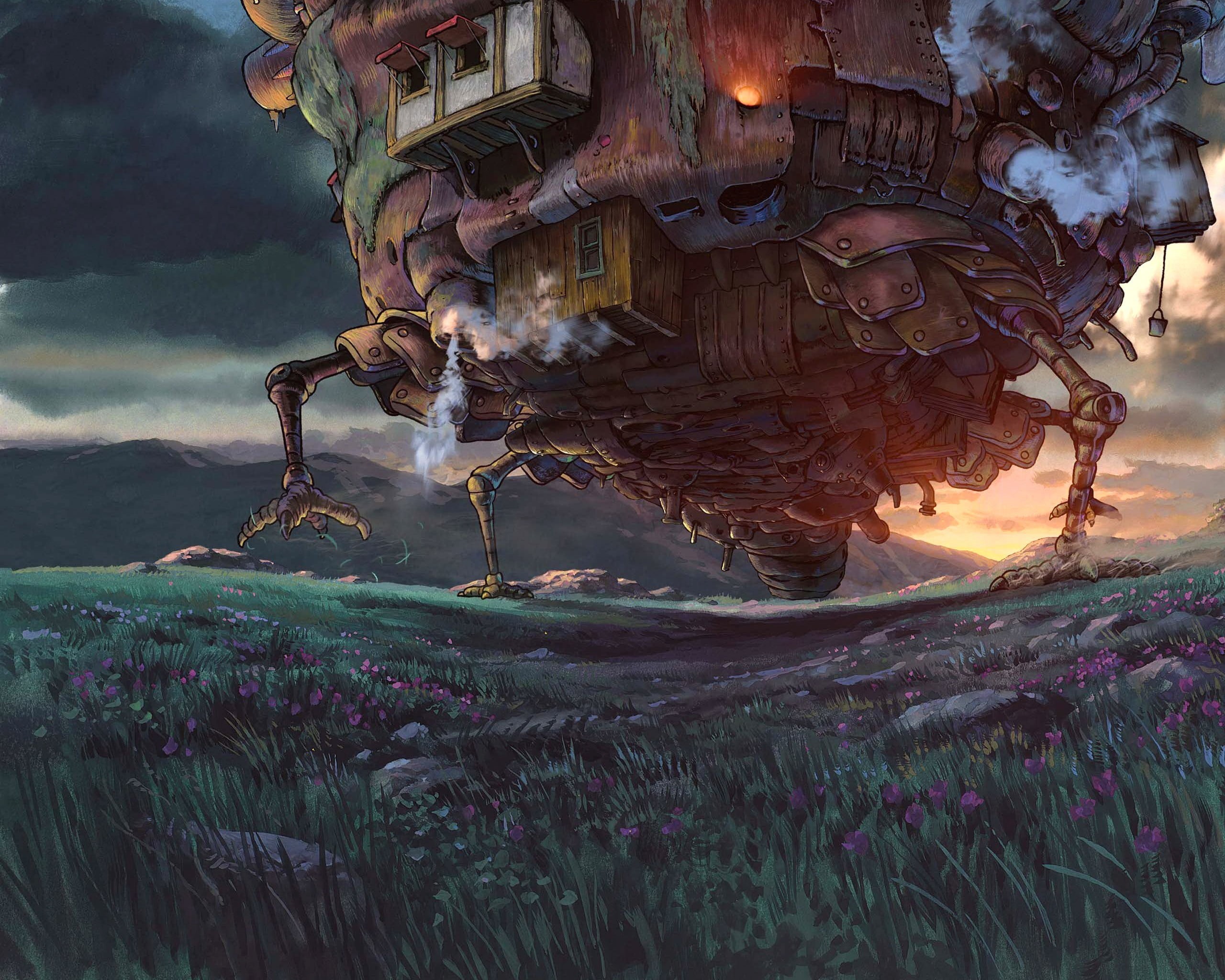field, creativity, cloud - sky, day, nature, outdoors, flowering plant, 2K, art and craft, moving, howl, digital, Studio Ghibli, water, castle, HD Wallpaper