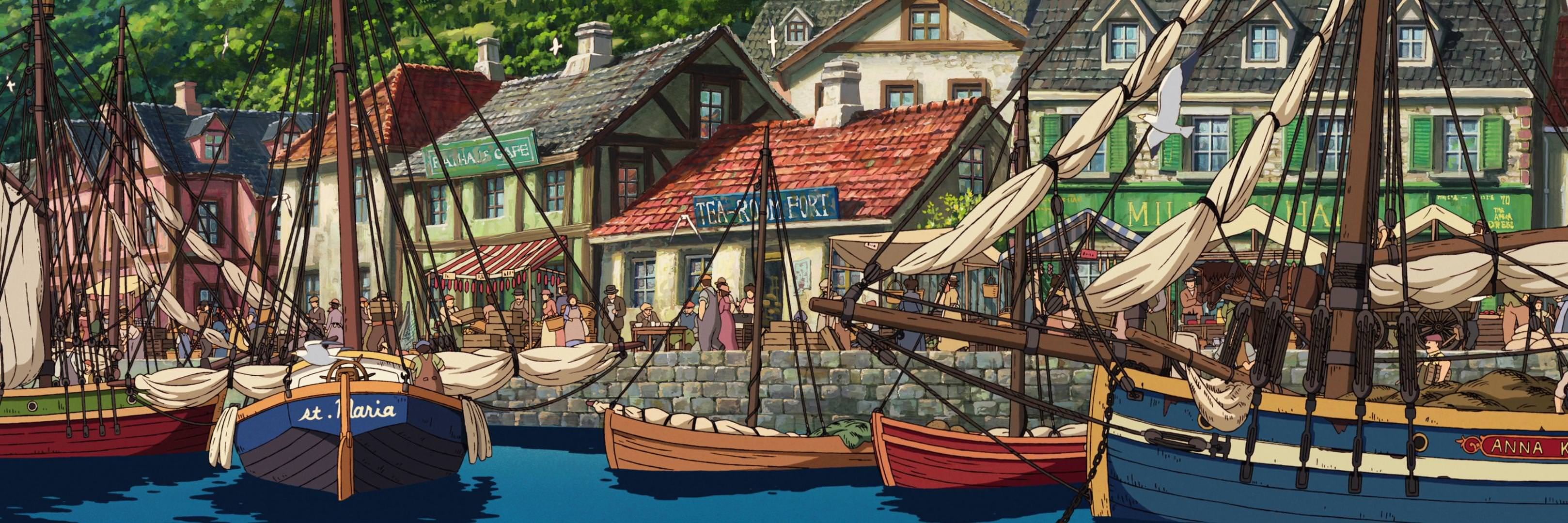 canal, built structure, outdoors, row house, Studio Ghibli, residential district, architecture, water, nautical vessel, building exterior, gondola - traditional boat, HD Wallpaper