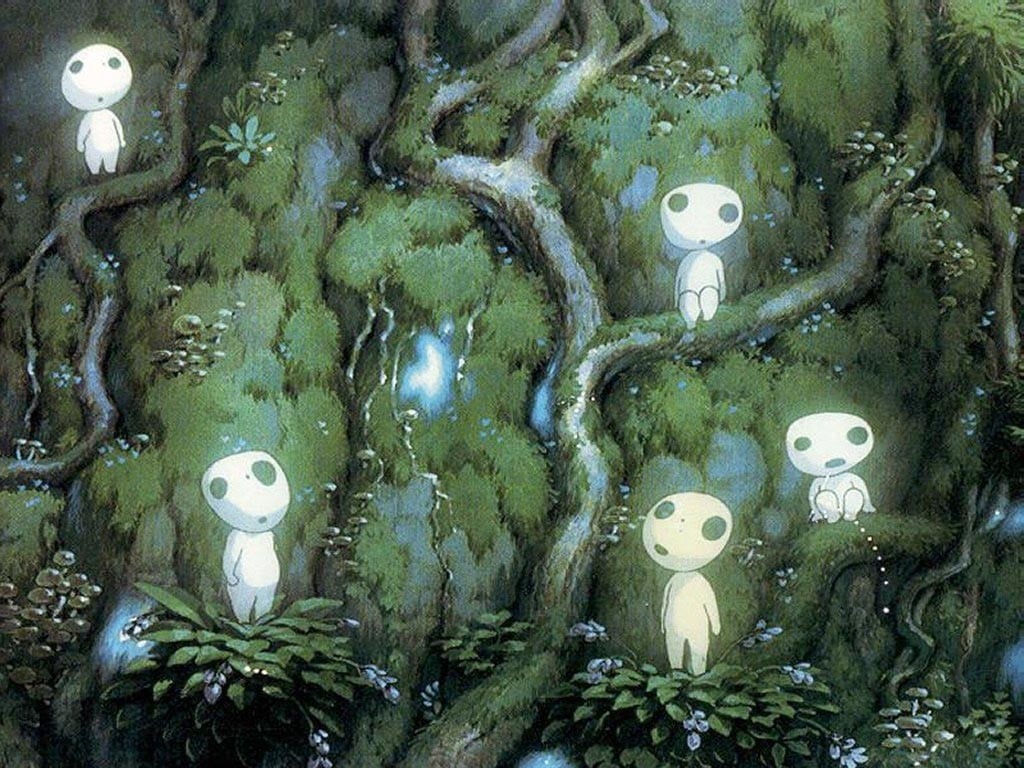green color, art and craft, tree, outdoors, Princess Mononoke, representation, several, creativity, white, day, characters, plant, ghost, face, 480P, cartoon, HD Wallpaper