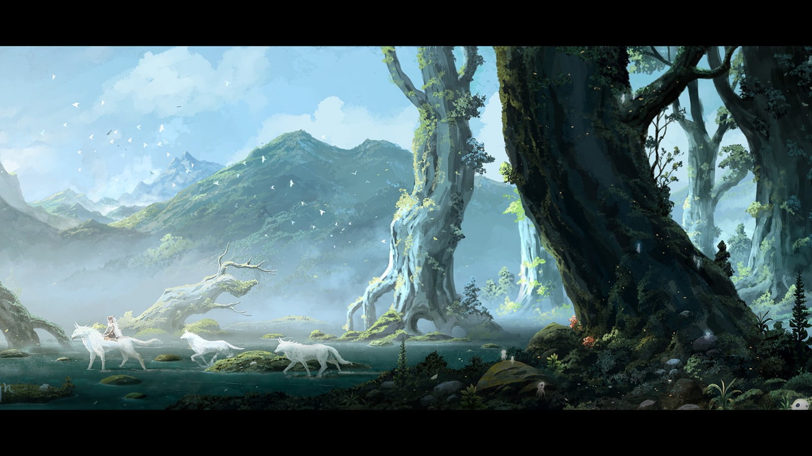 Studio Ghibli, forest, outdoors, anime, cloud - sky, human representation, tree, nature, trunk, low angle view, beauty in nature, Moro, San, representation, HD Wallpaper