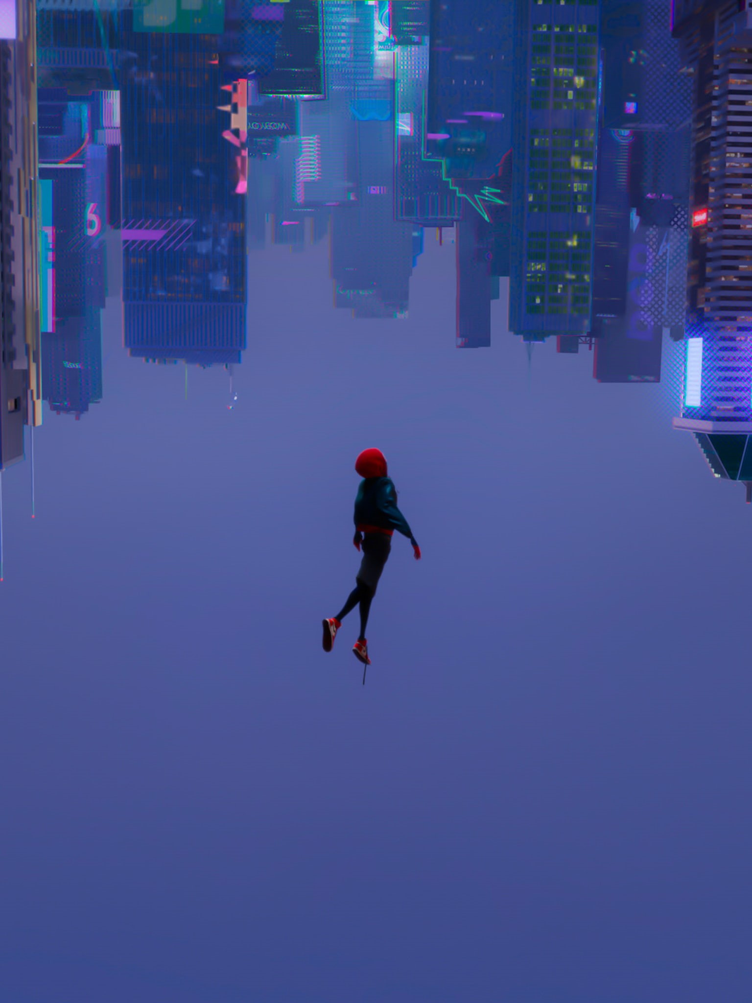 cityscape, Spider-Man, Miles Morales, upside down, portrait display, artwork, 1080P, Spider-Man: Into the Spider-Verse, Phone HD Wallpaper