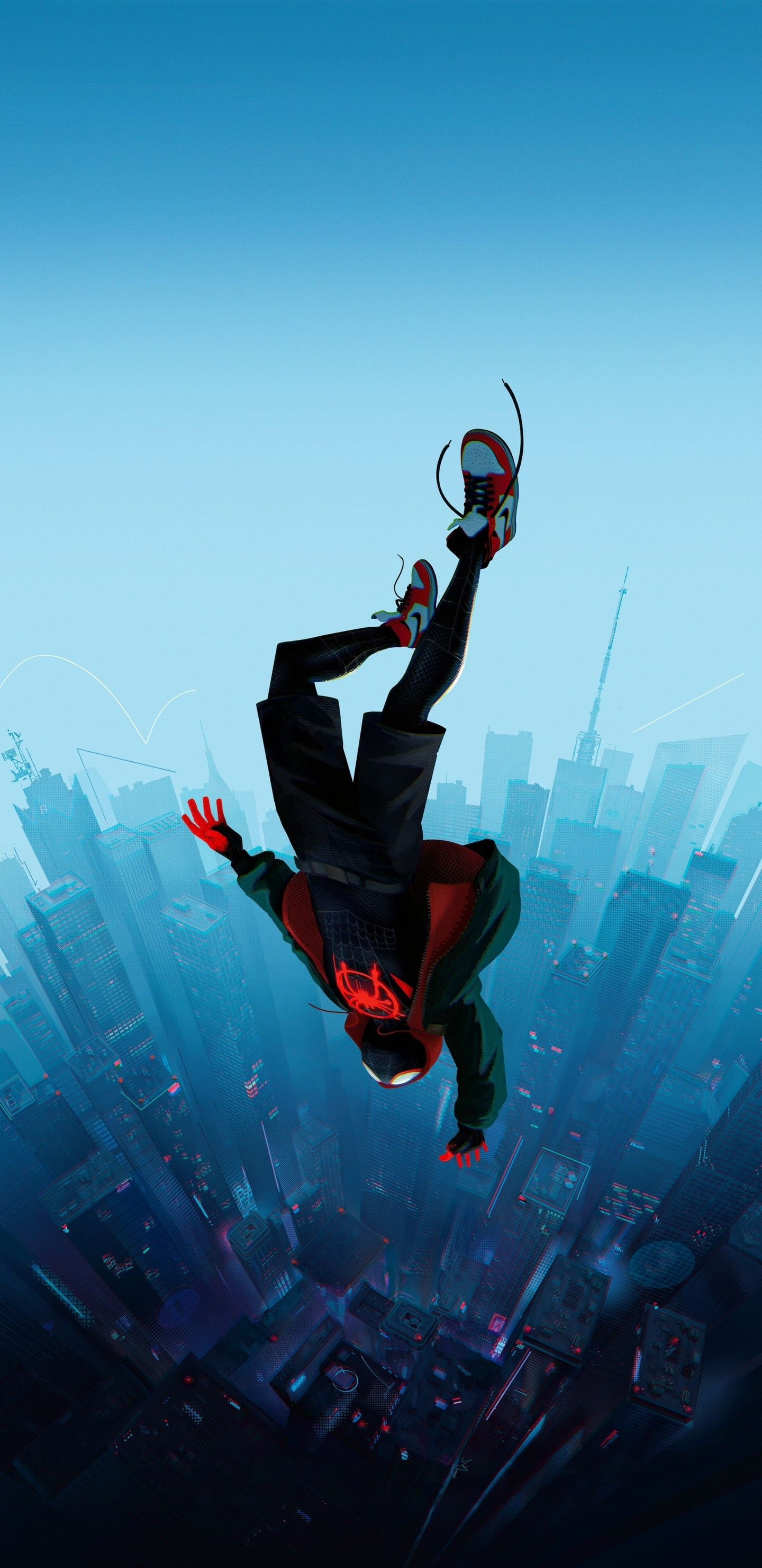 Miles Morales, movies, 2K, vertical, falling, Spider-Man: Into the Spider-Verse, Spider-Man, city, Phone HD Wallpaper