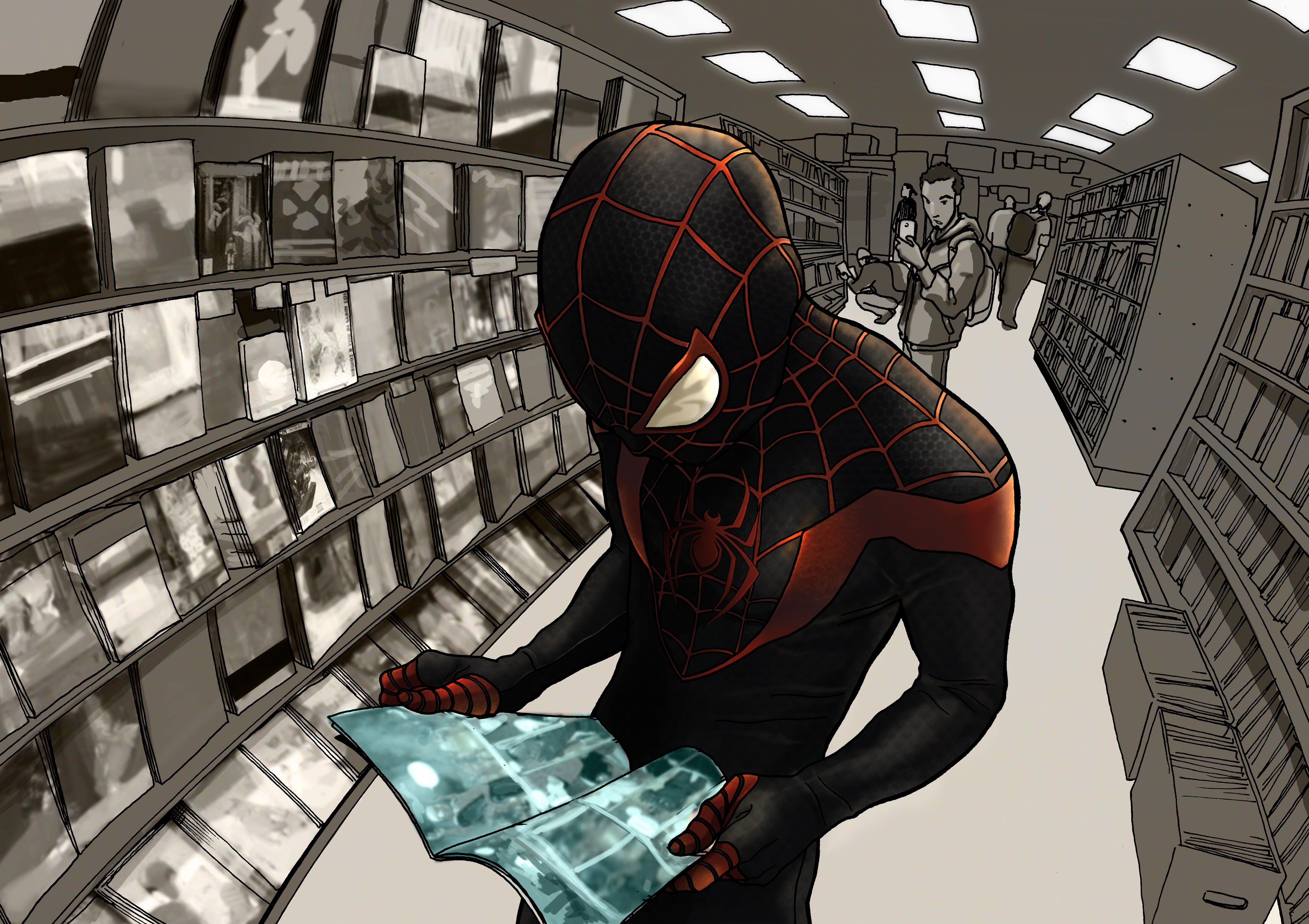 day, rear view, standing, Ultimate Spider-Man, leisure activity, marvel, real people, man, full length, adult, casual clothing, machinery, indoors, 2K, HD Wallpaper