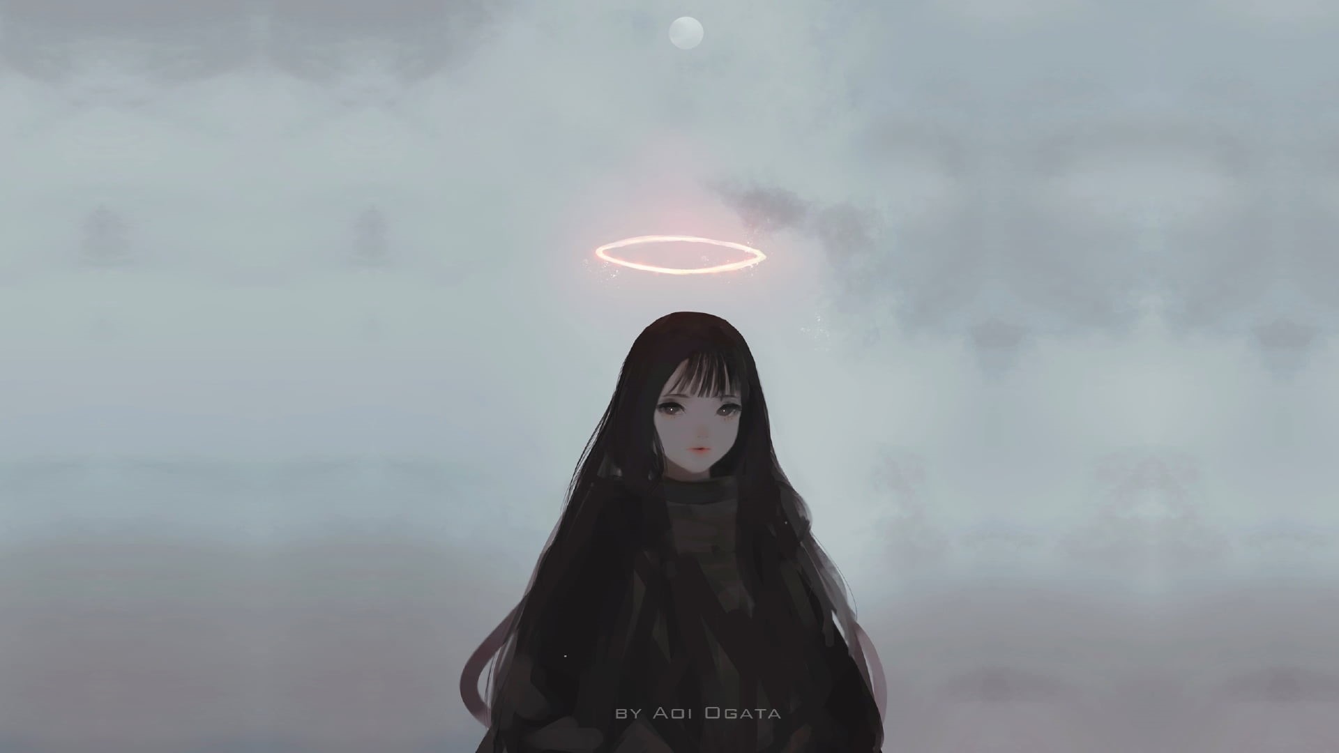 Aoi Ogata, 1080P, minimalism, original characters, hate-chan, Halo, black clothing, illustration, digital art, looking at viewer, simple background, artwork, HD Wallpaper