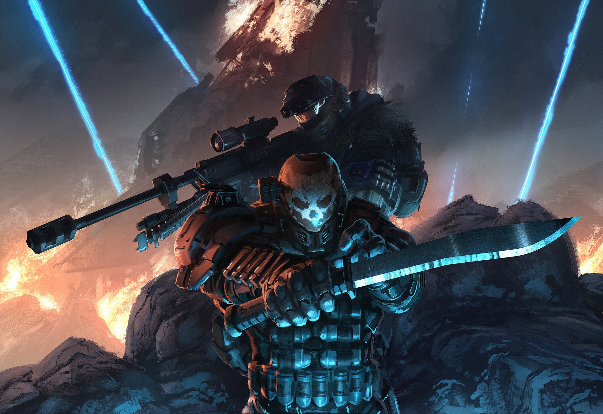 headwear, work helmet, sniper rifle, men, digital, night, conflict, Halo, clothing, nature, government, protection, two people, 1080P, cyan, HD Wallpaper