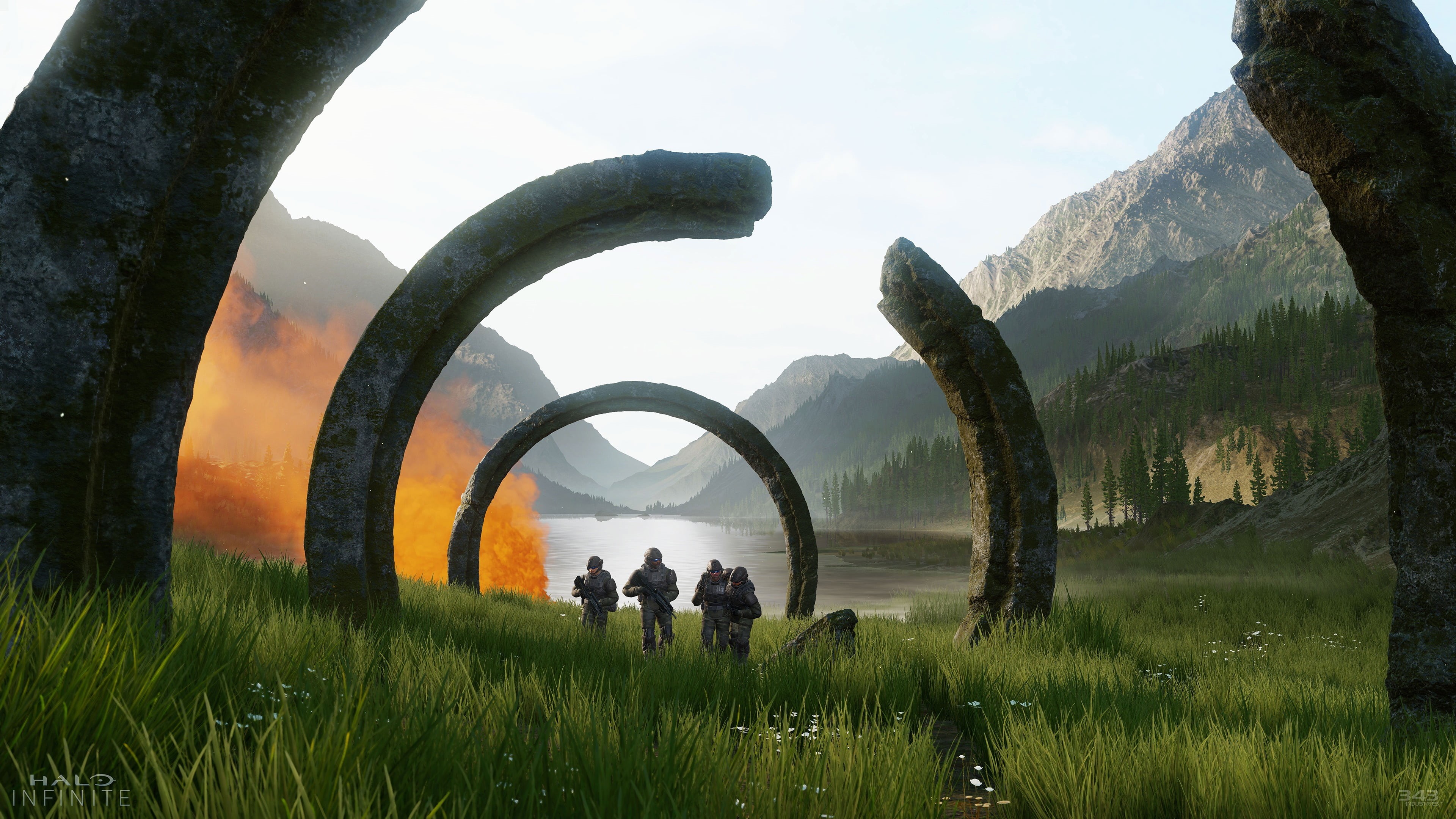 arch, 4K, field, Xbox, architecture, sky, grass, beauty in nature, green, land, nature, real people, Xbox One, outdoors, group of people, day, lifestyles, HD Wallpaper