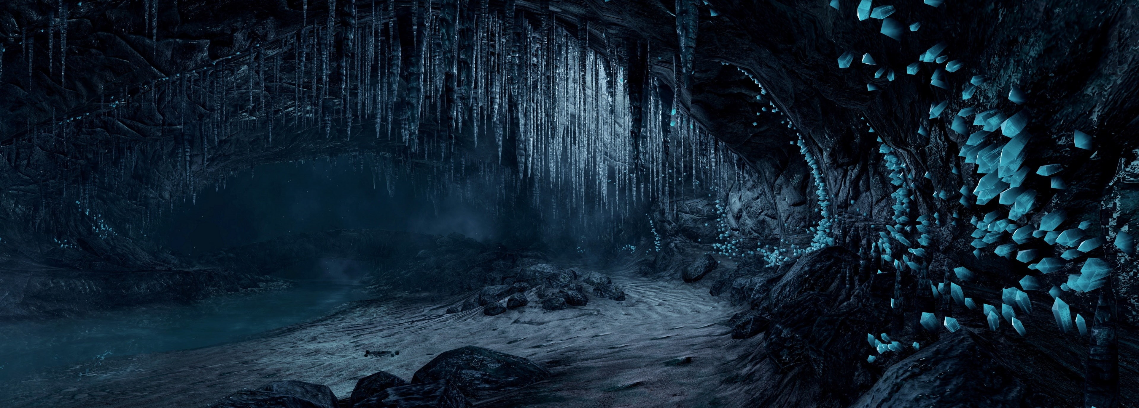 scenics - nature, dark, ice, illuminated, snow, outdoors, beauty in nature, cave, no people, mountain, 4K, woodland, environment, forest, night, tree, HD Wallpaper