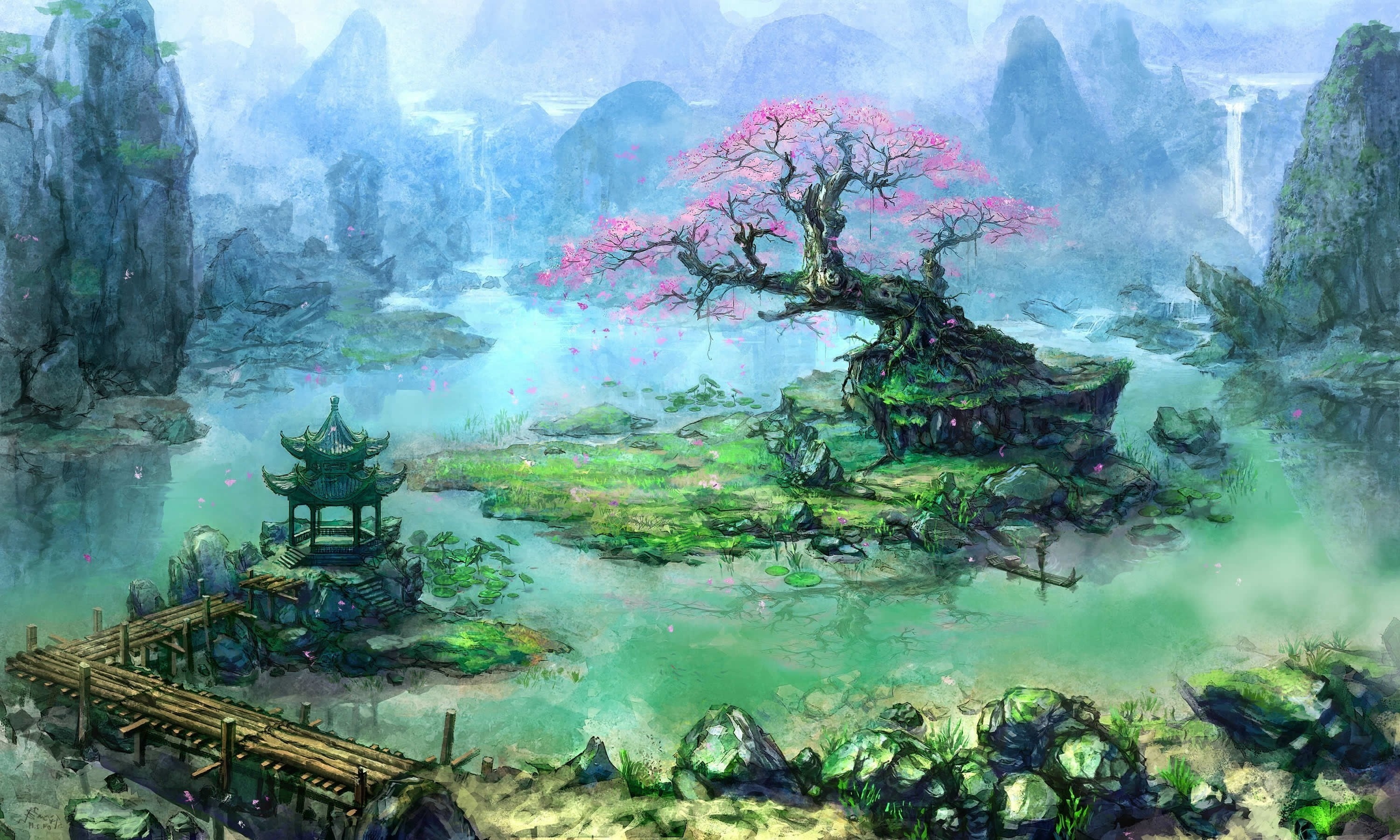 tree, religion, nature, beauty in nature, architecture, fog, smoke - physical structure, plant, artwork fantasy art trees asian architecture bonsai waterfall river pier, HD Wallpaper
