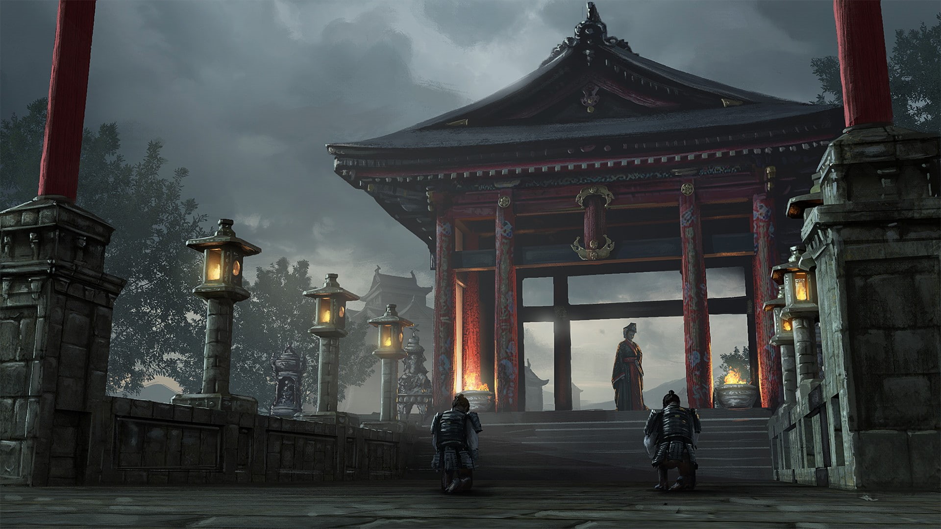 artwork, illustration, temple, soldier, Chinese architecture, fantasy art, warrior, samurai, digital art, 1080P, HD Wallpaper