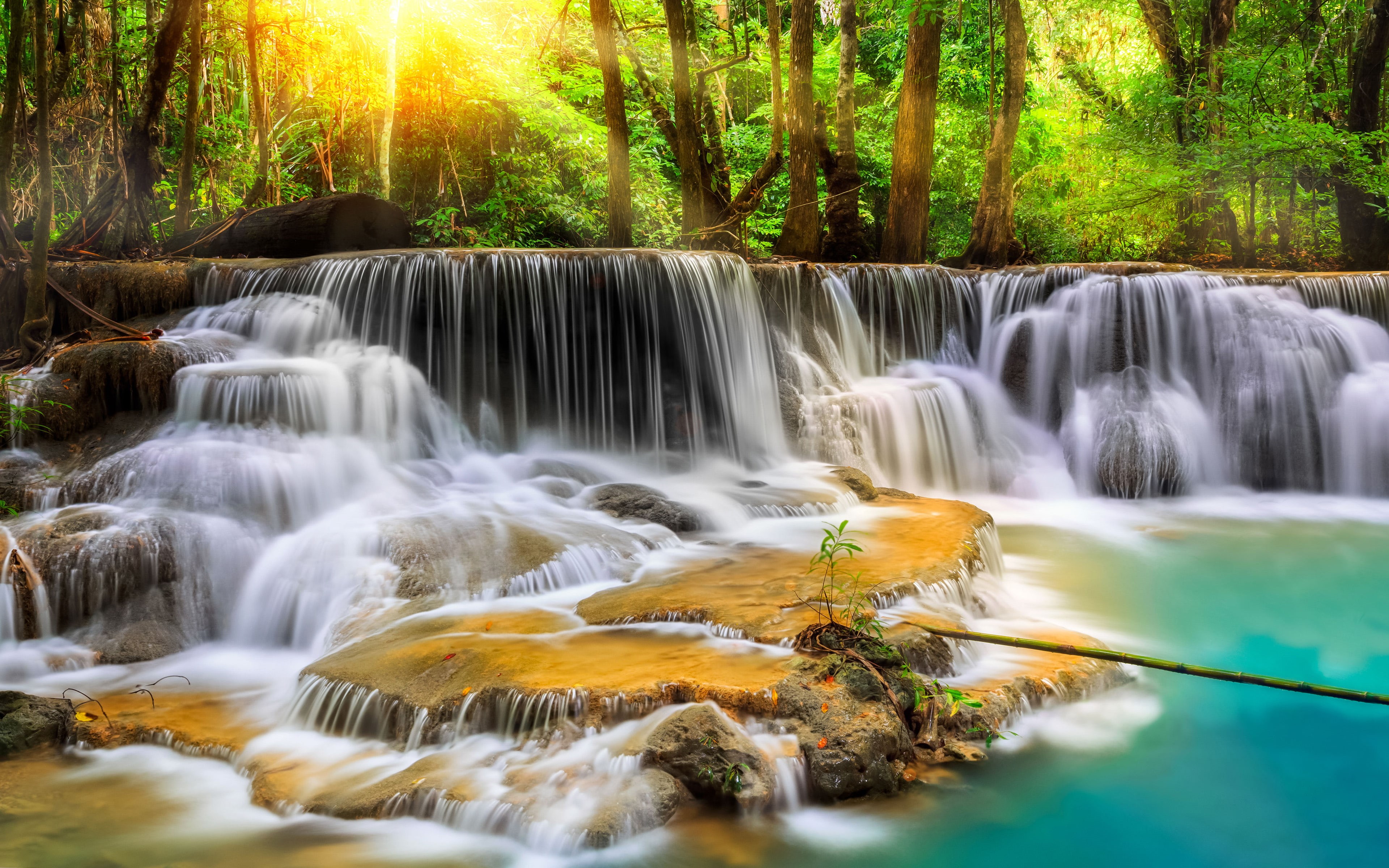waterfall, trees, erawan, hd, vegetation, computer, park, exotic, falls, 4K, sparkling, desktop, mobile, phones, cascade, green, rock, tropical, HD Wallpaper