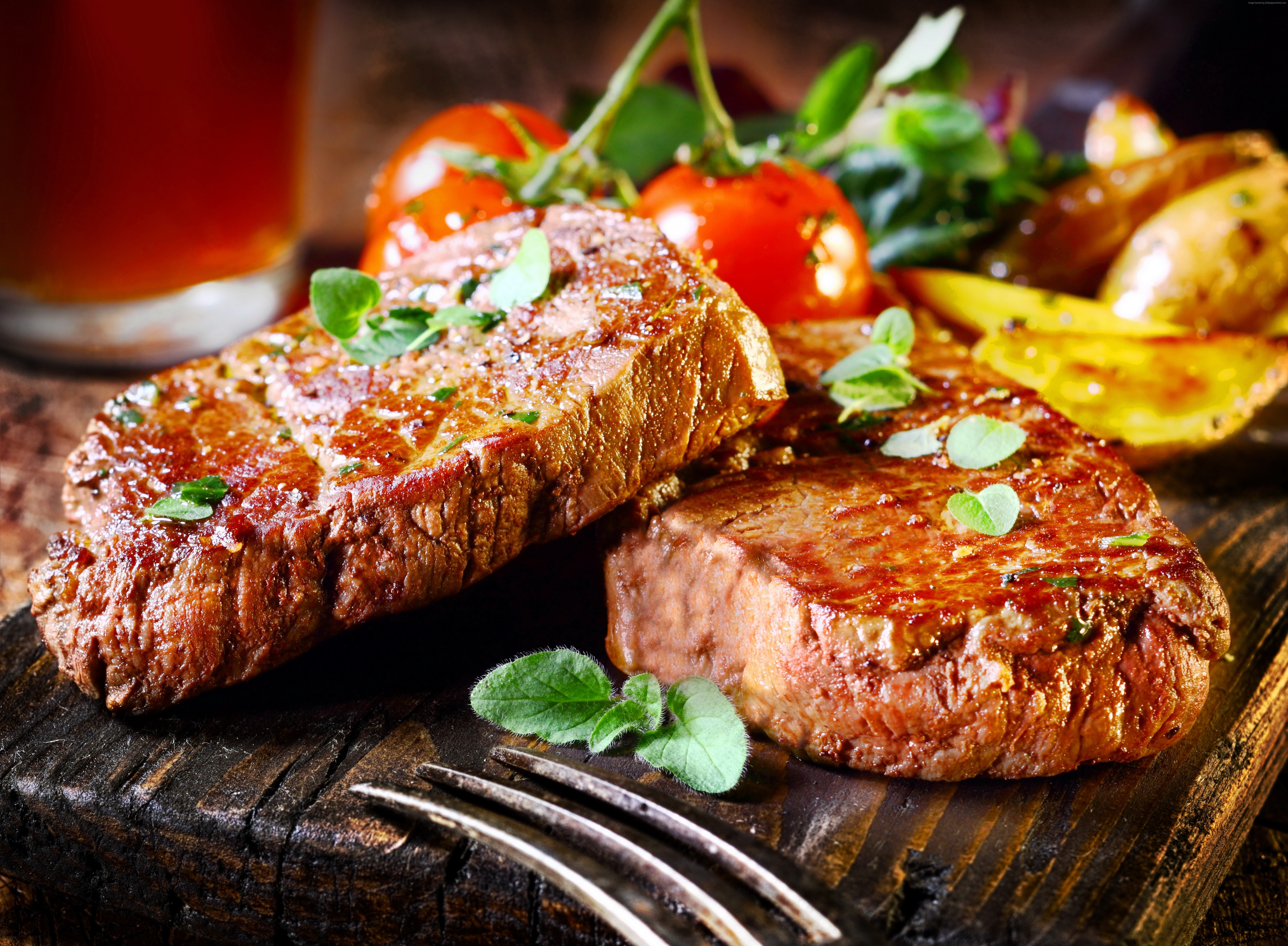 vegetables, steak, cooking, food, 8K, beef, grill, meal, meat, tomato leaves, HD Wallpaper