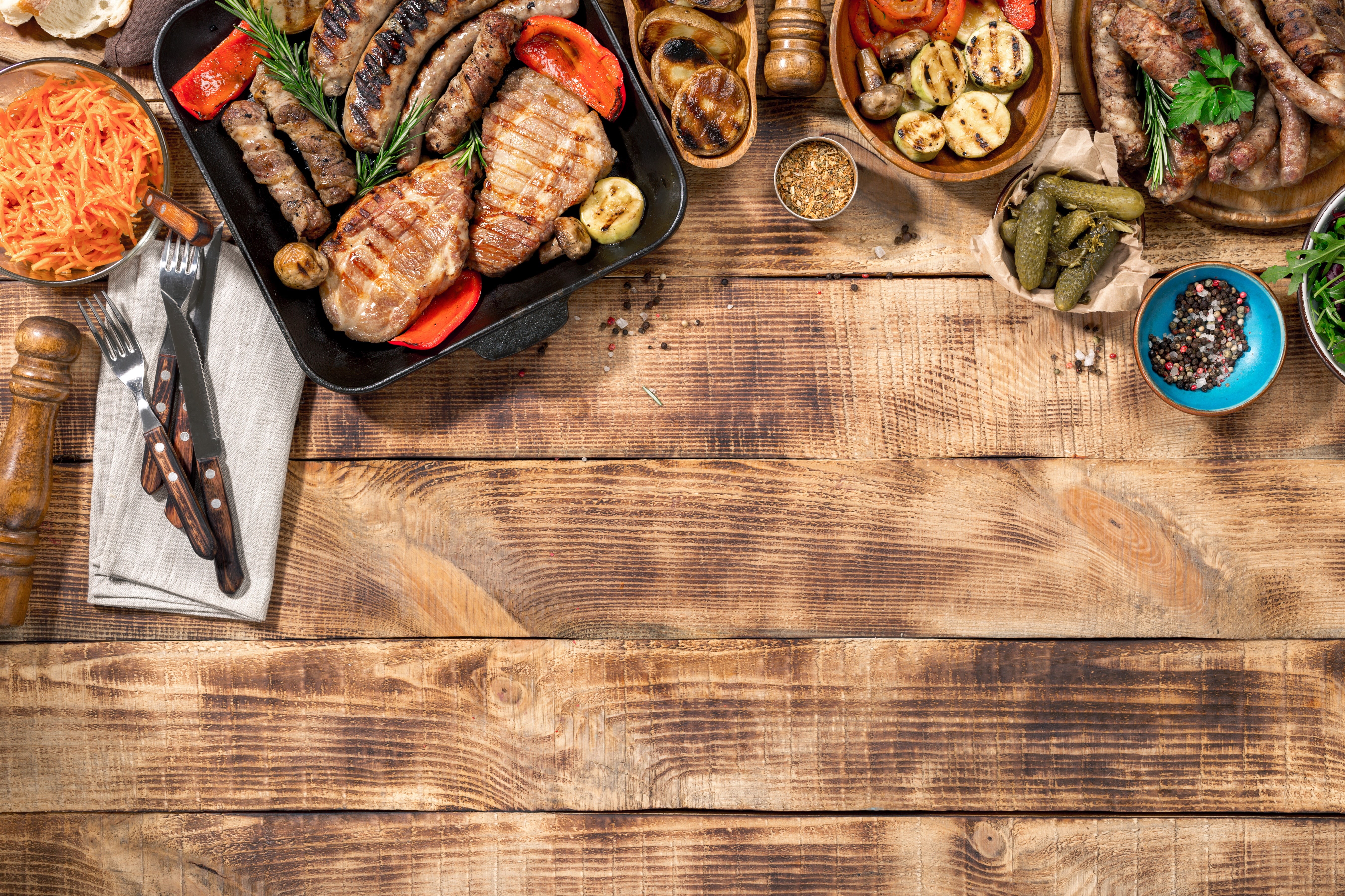 bread, 5K, wood, vegetables, sauce, grilled, grill, BBQ, meat, HD Wallpaper