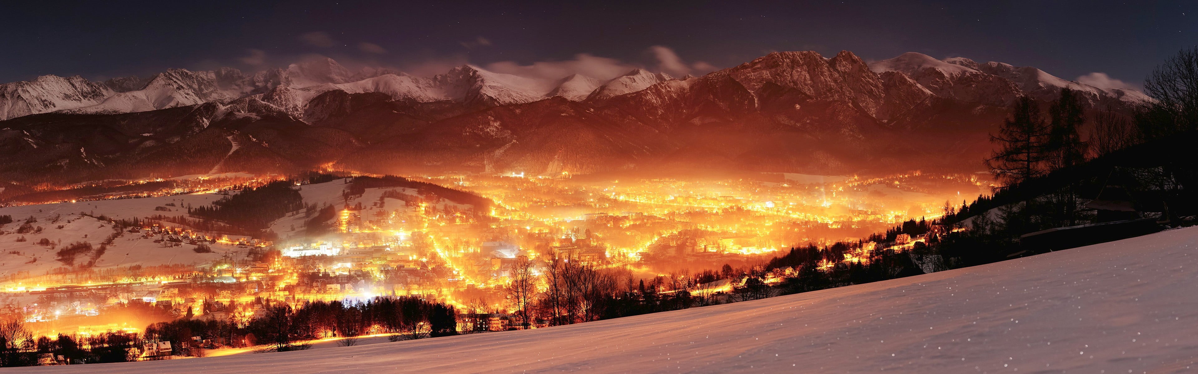 covered, land, snow, multiple display, winter, glowing, night, scenics - nature, snowcapped mountain, mountain, landscape, 4K, no people, plant, lights, HD Wallpaper