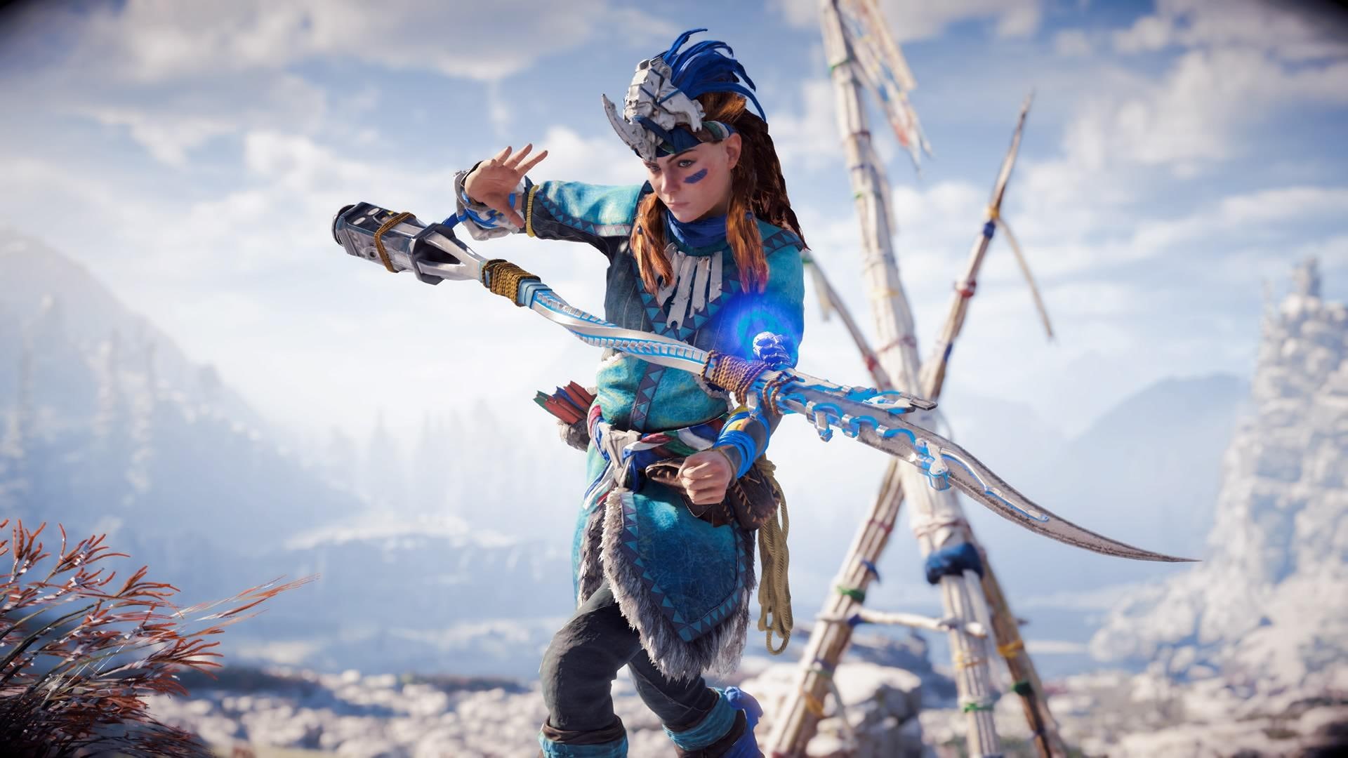video games, freedom, beauty in nature, mountain range, nature, warm clothing, mountain, fashion, adventure, winter, vacations, Horizon: Zero Dawn, holding, HD Wallpaper