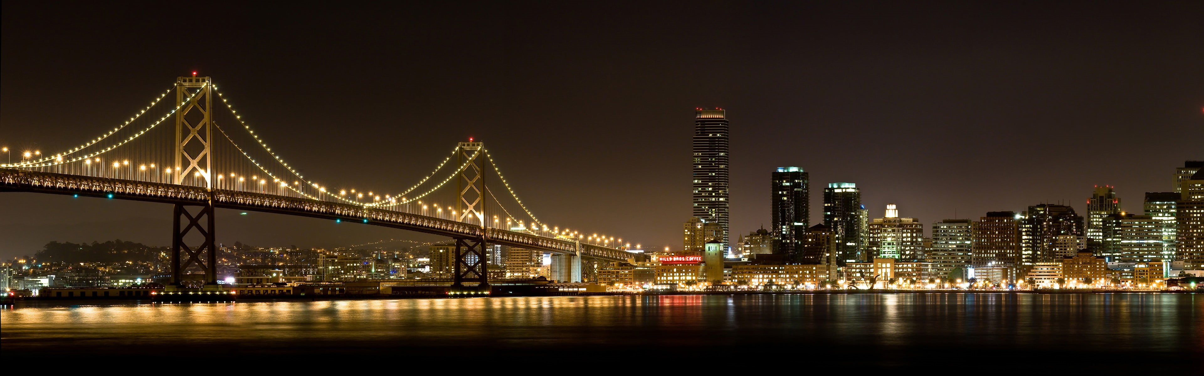 city, office building exterior, sky, reflection, 4K, water, outdoors, multiple display, building exterior, illuminated, night, modern, landscape, skyscraper, HD Wallpaper
