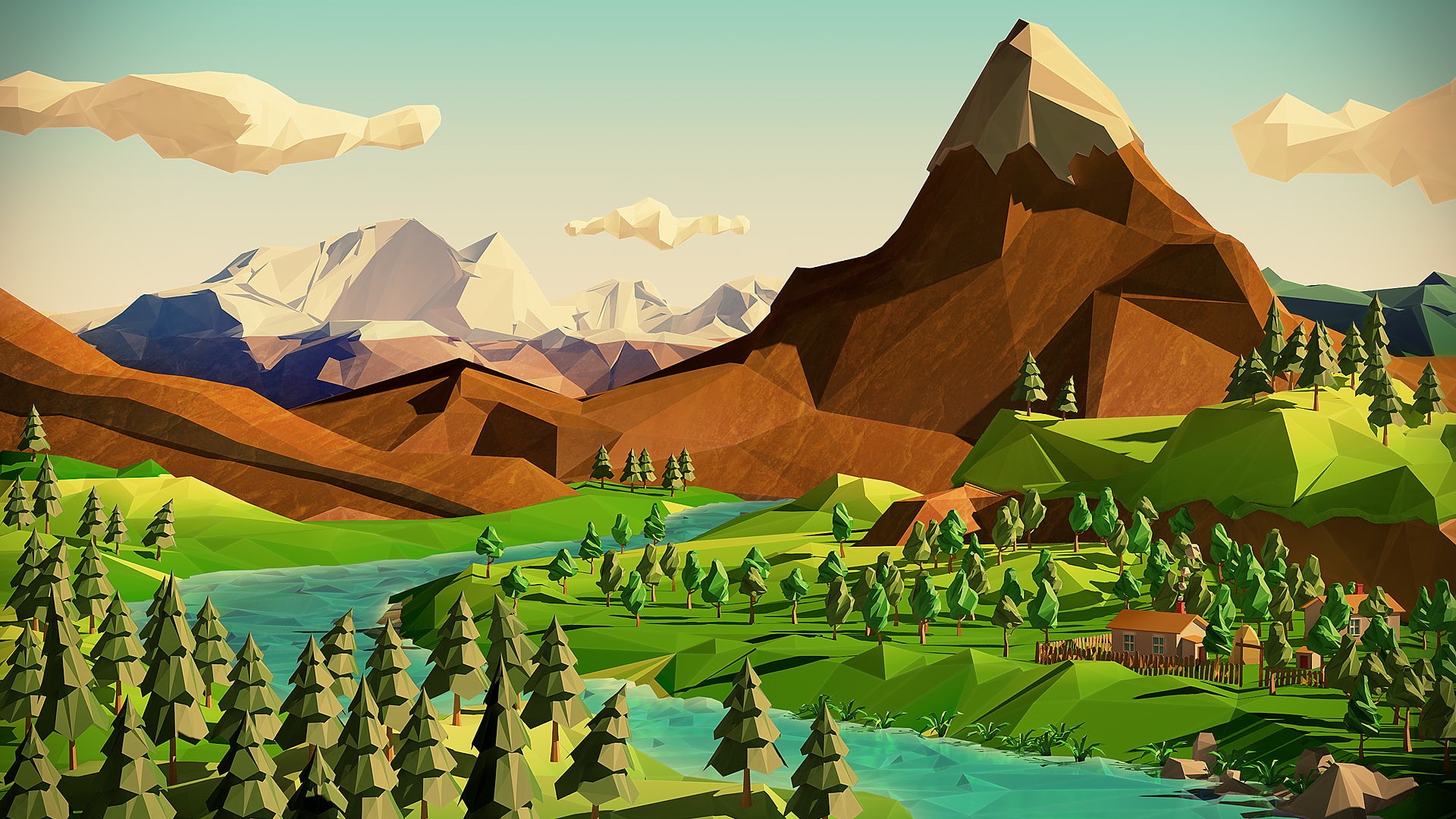 digital/artwork, trees, 1080P, mountains, hd, river, art, landscape, polygon, HD Wallpaper