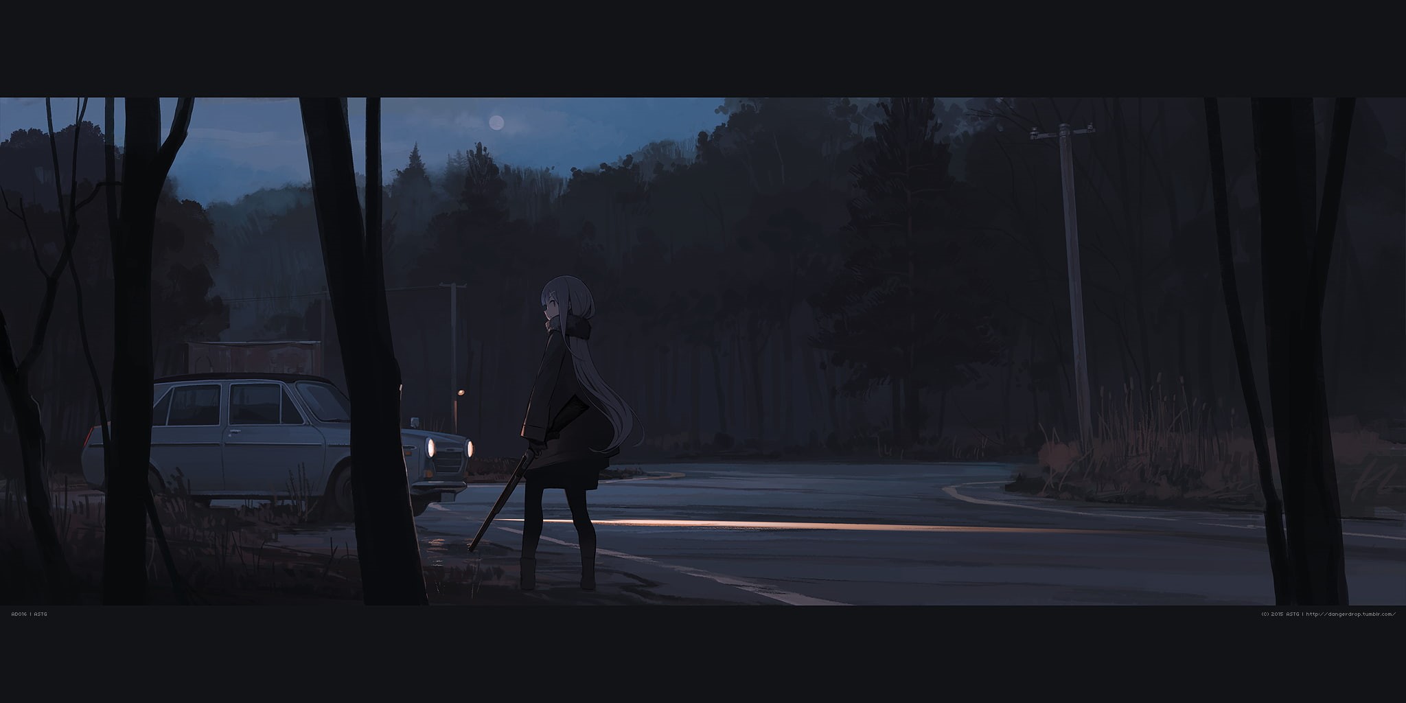 mode of transportation, one person, night, city, side view, real people, anime, plant, motor vehicle, transportation, sign, tree, original characters, road, HD Wallpaper
