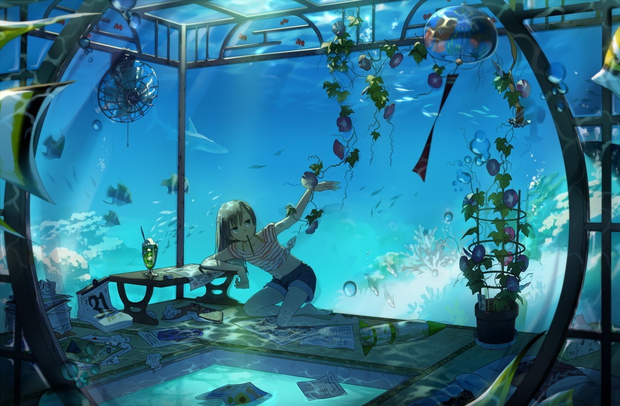 480P, anime girls, characters, underwater, girls, original, original characters, anime, HD Wallpaper