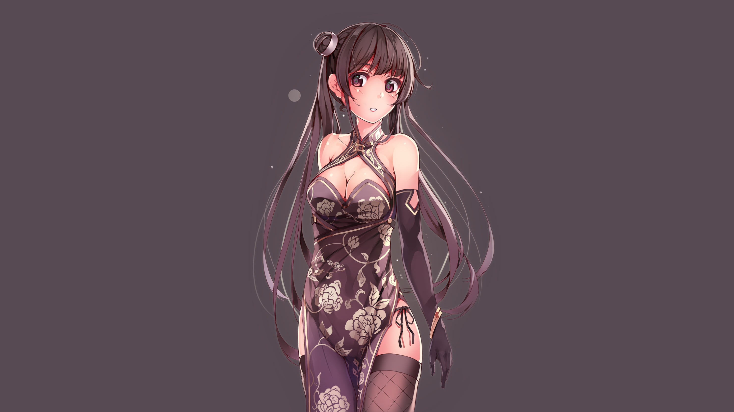 character, standing, cleavage, adult, 2K, thigh-highs, fishnets, front view, copy space, brunette, beauty, one person, illustration, beautiful woman, dress, HD Wallpaper