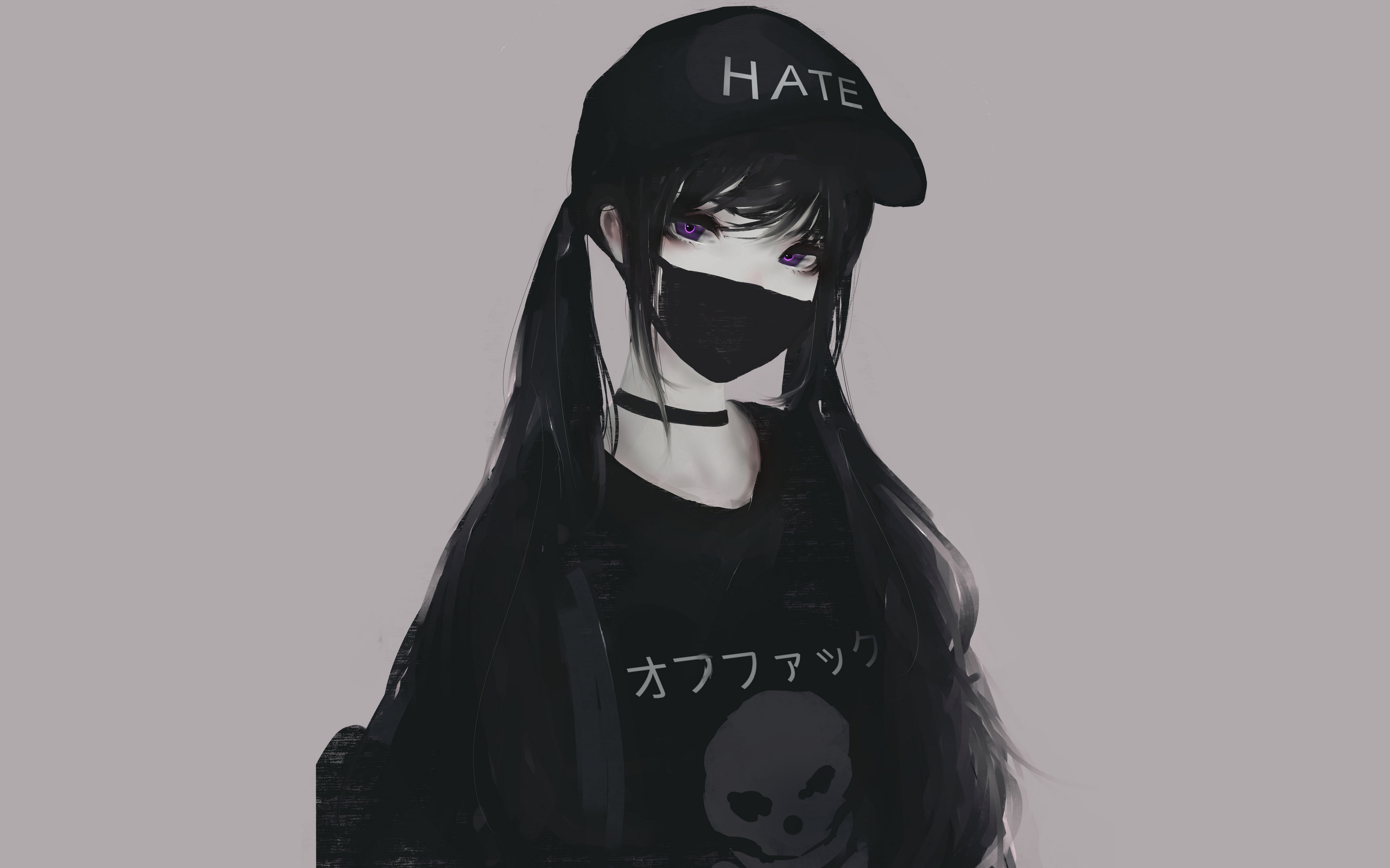 purple eyes, anime girls, monochrome, face mask, hate, twintails, black hair, 5K, Aoi Ogata, hate-chan, HD Wallpaper