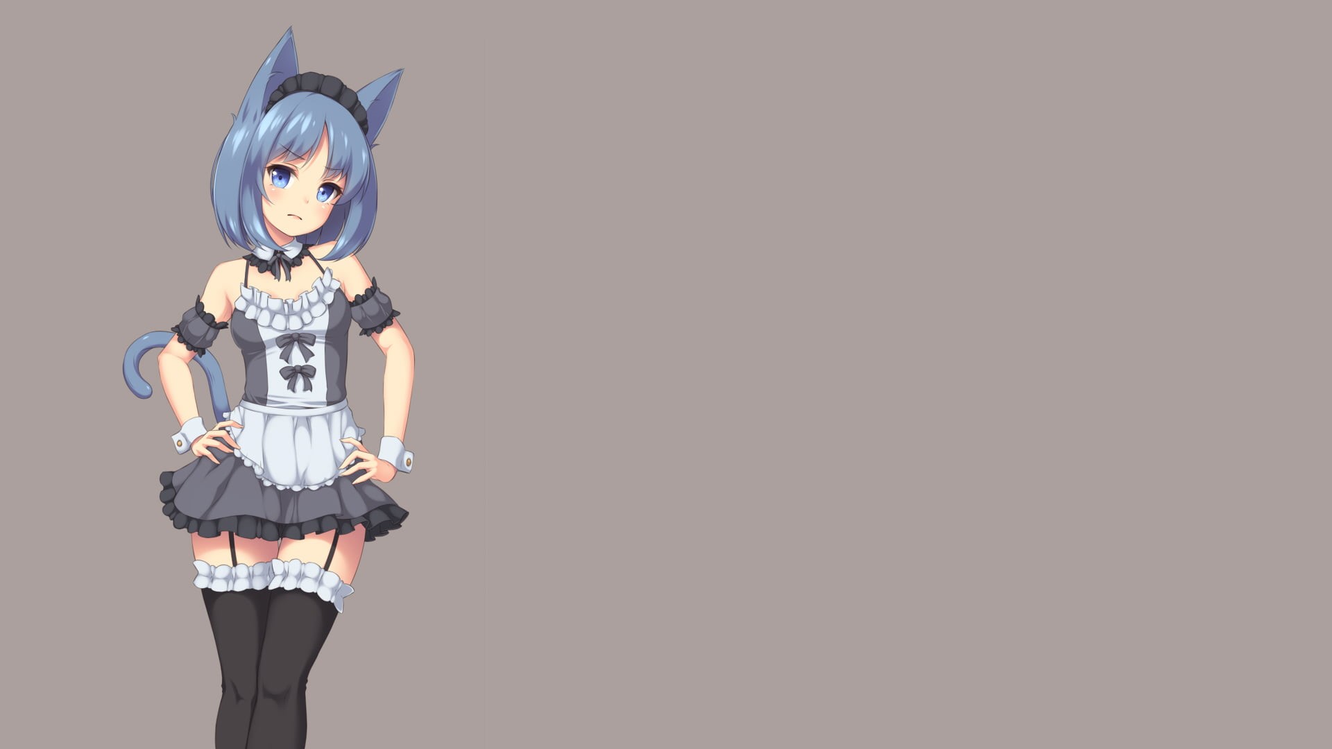 blue hair, tail, one person, skirt, portrait, original characters, copy space, girl, simple background, human representation, thigh-highs, doll, frills, HD Wallpaper