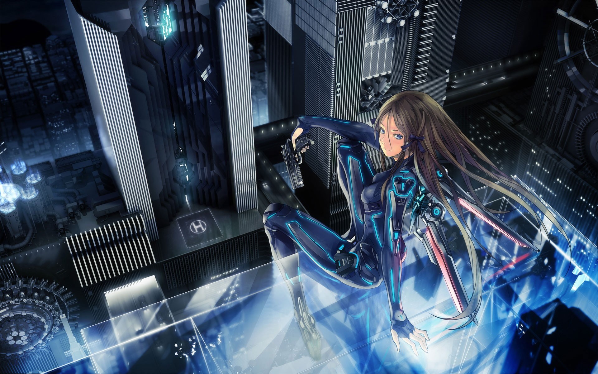 character, long hair, blue eyes, women, occupation, illustration, blonde, futuristic, hair ornament, manga, working, haired, city, technician, cyberpunk, HD Wallpaper