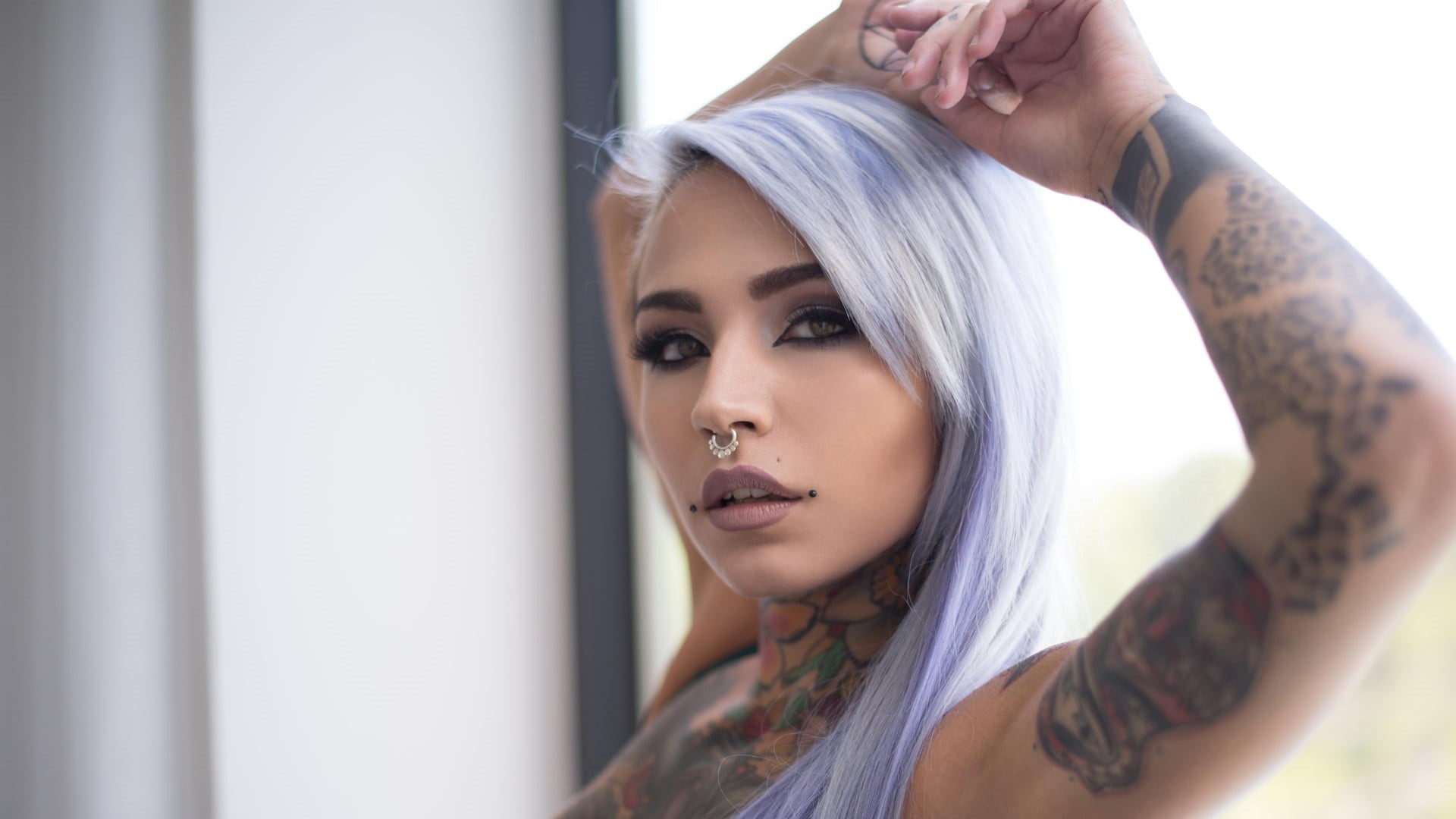 beauty, piercing, human face, young adult, Fishball Suicide, make-up, beautiful woman, 1080P, young women, lifestyles, adult, women, fashion, violet hair, HD Wallpaper