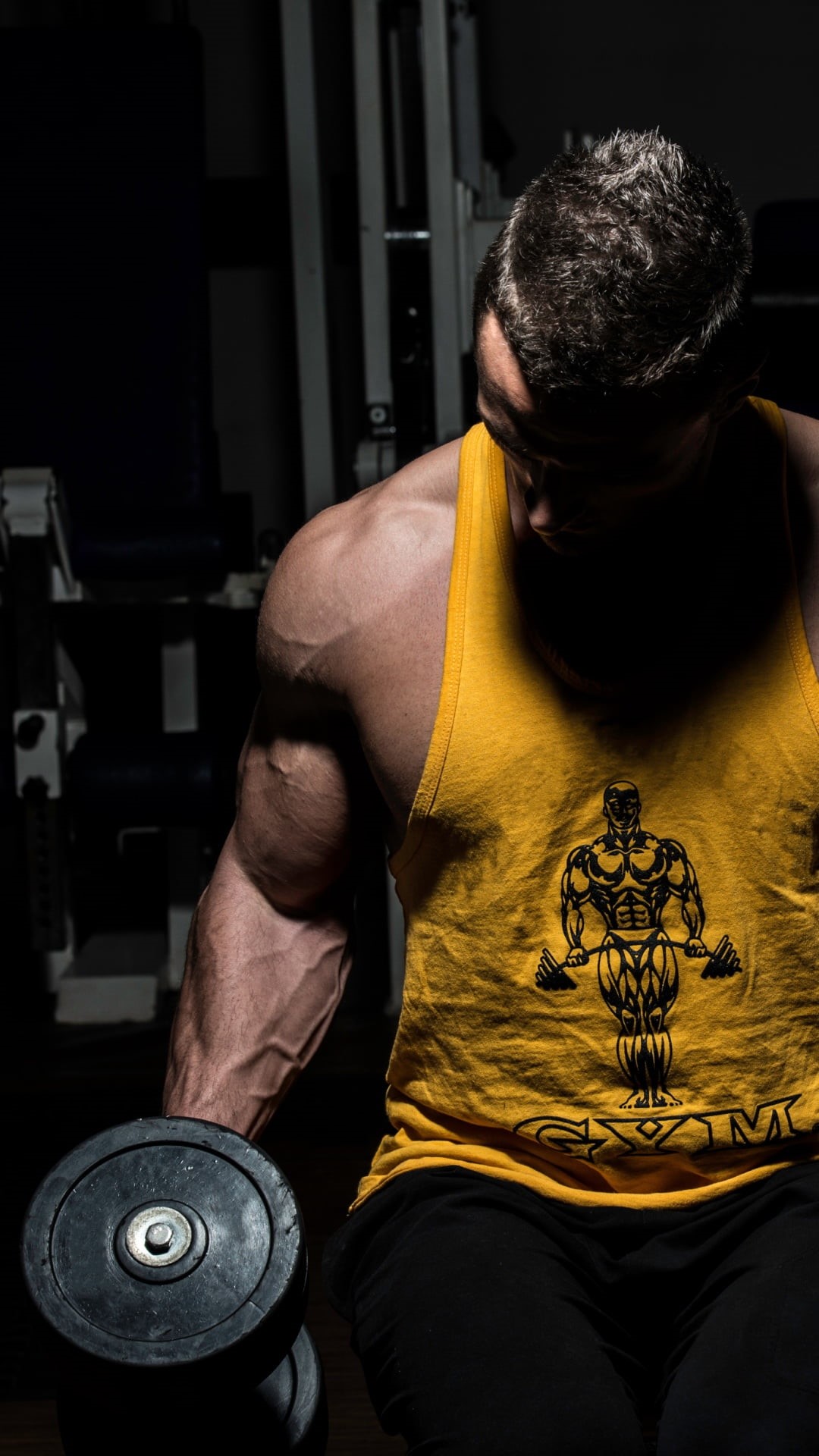 weight, mature men, athlete, exercising, bodybuilder, muscles, weights, dumbbell, weight training, tank, yellow, one person, 1080P, top, muscular build, Phone HD Wallpaper