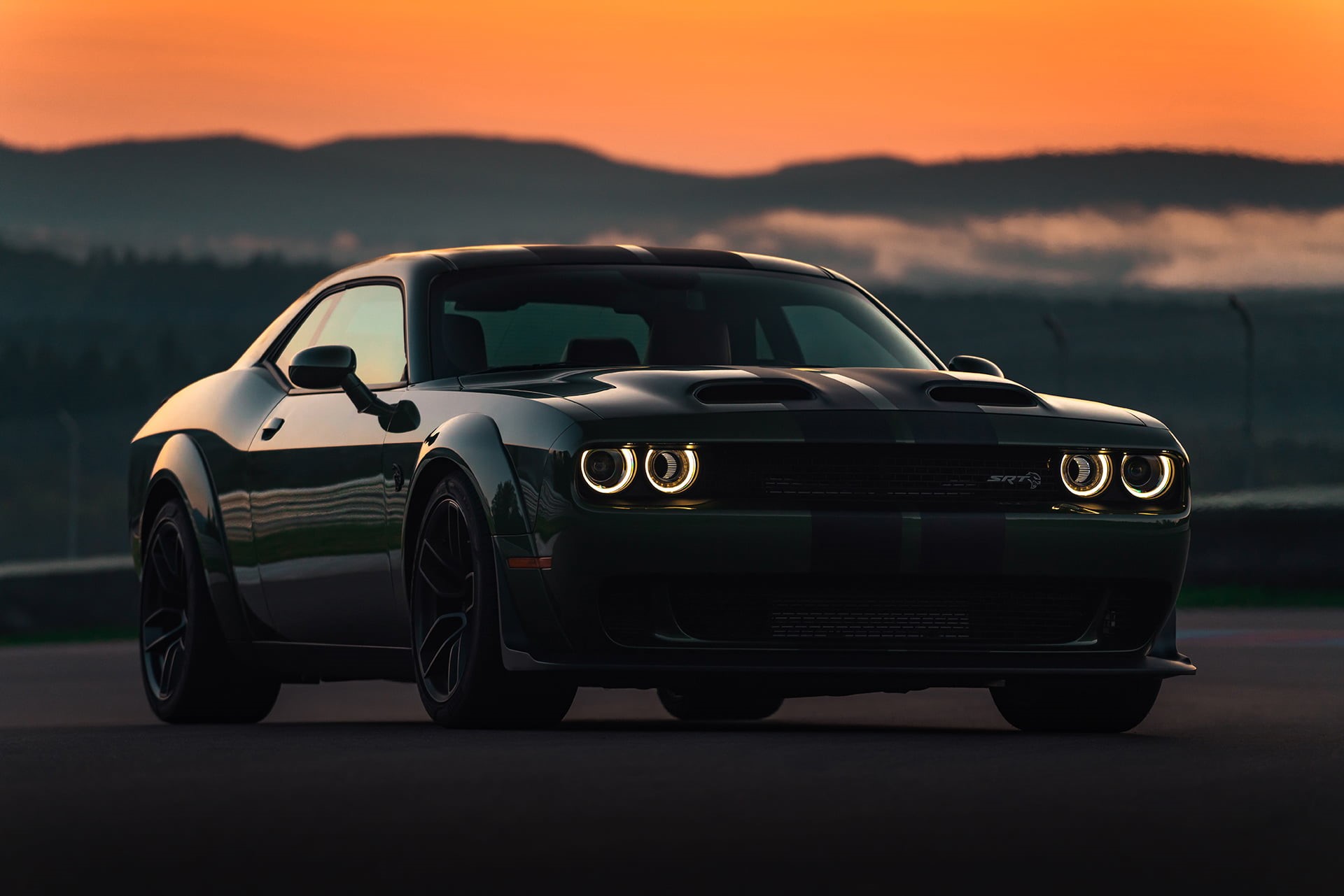 outdoors, mountain, luxury, transportation, Dodge Challenger SRT, 1080P, scenics - nature, land, stationary, vintage car, sunset, Dodge, sky, focus on foreground, HD Wallpaper