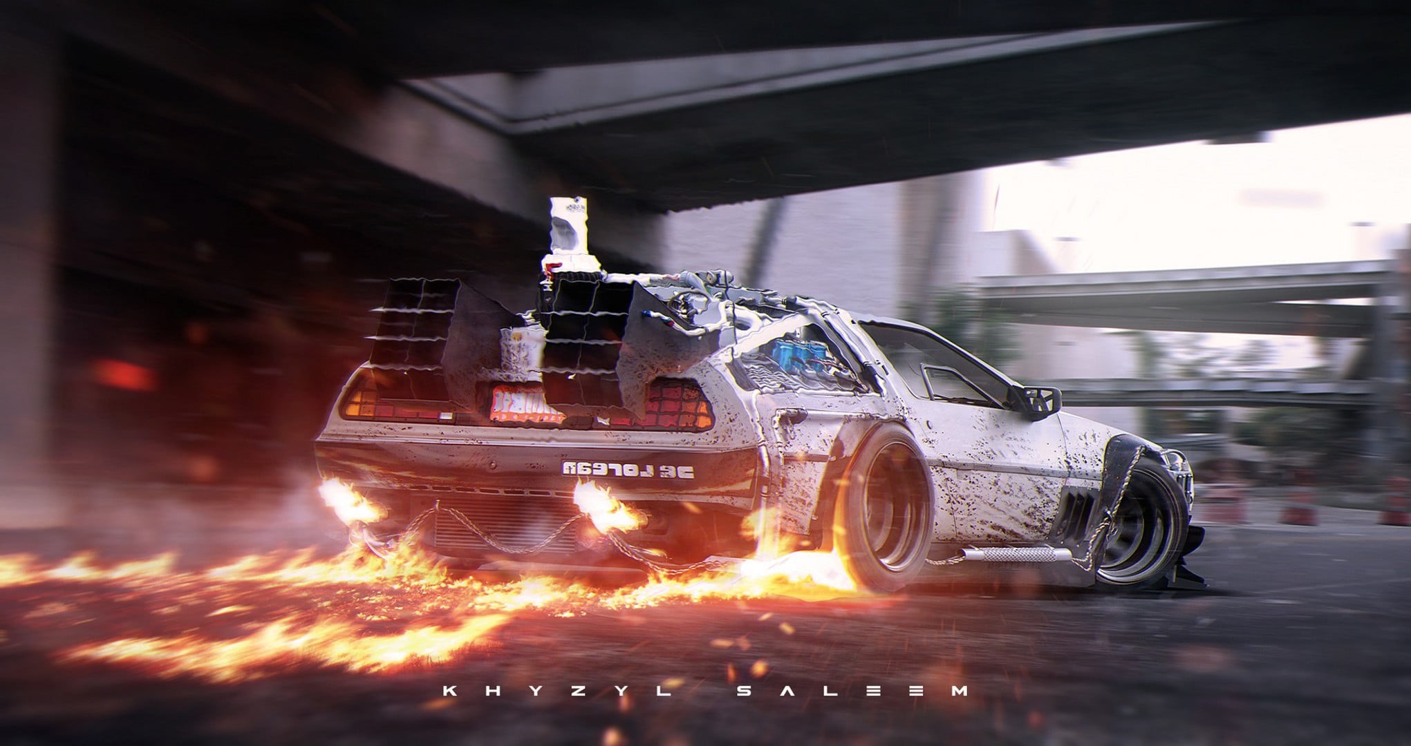 water, car, day, nature, city, Khyzyl Saleem, dmc, DMC DeLorean, street, illuminated, headlight, 1080P, motion, DeLorean, outdoors, architecture, Back to the Future, HD Wallpaper
