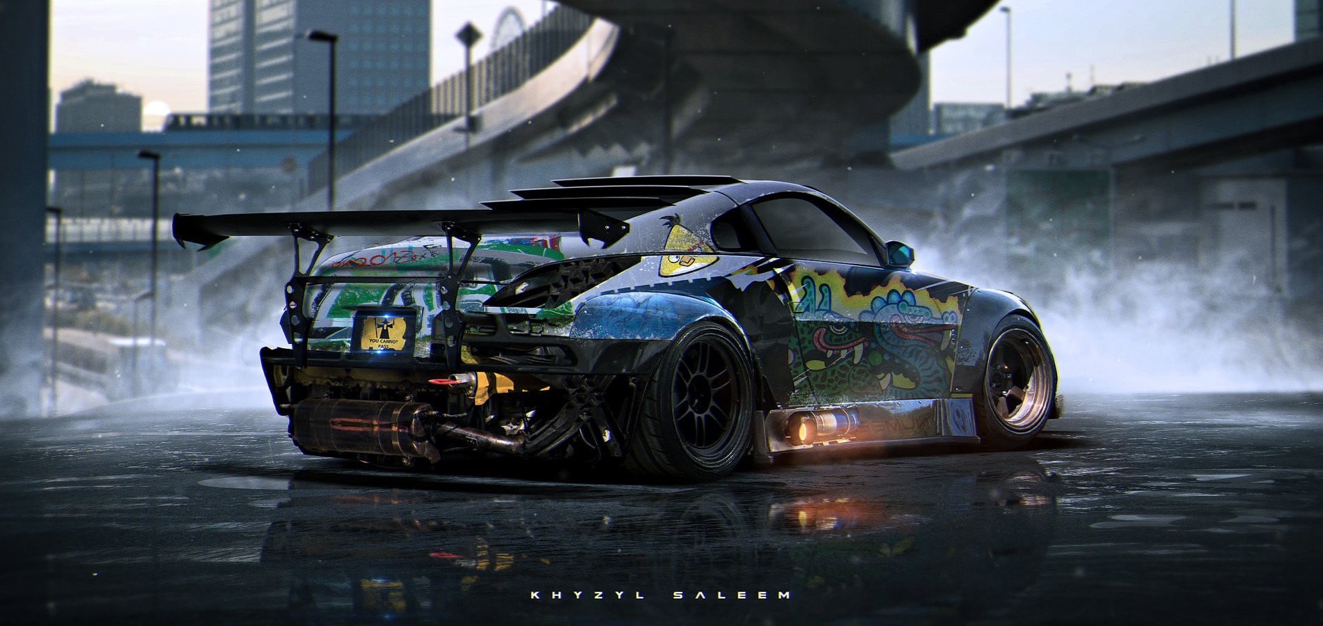 city, motor vehicle, motion, sports, Khyzyl Saleem, Nissan 350Z, Stance, mode of transportation, futuristic, no people, outdoors, architecture, green, rain, HD Wallpaper