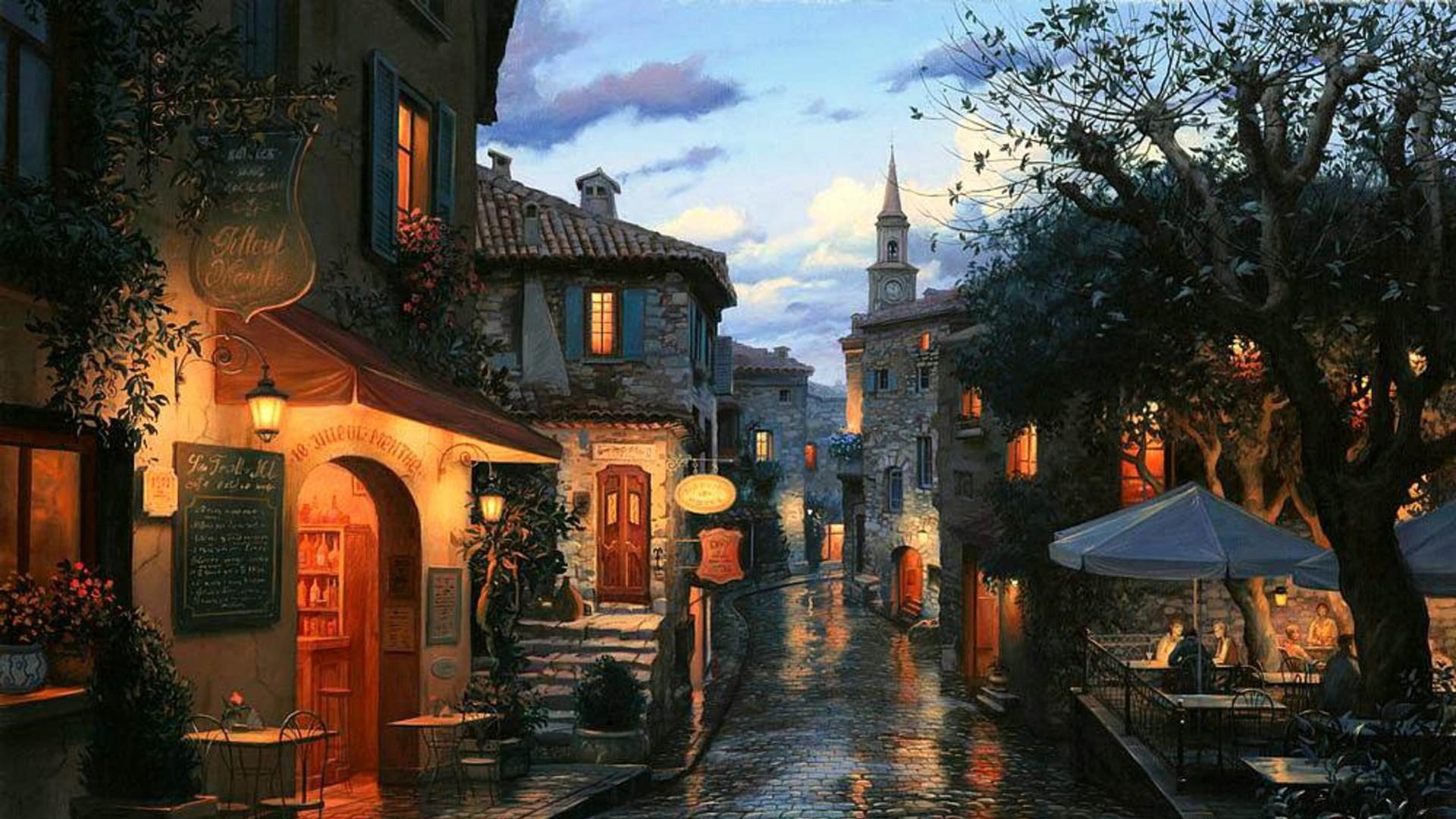 mood, street, evening, wet, rain, 1080P, cafe, HD Wallpaper