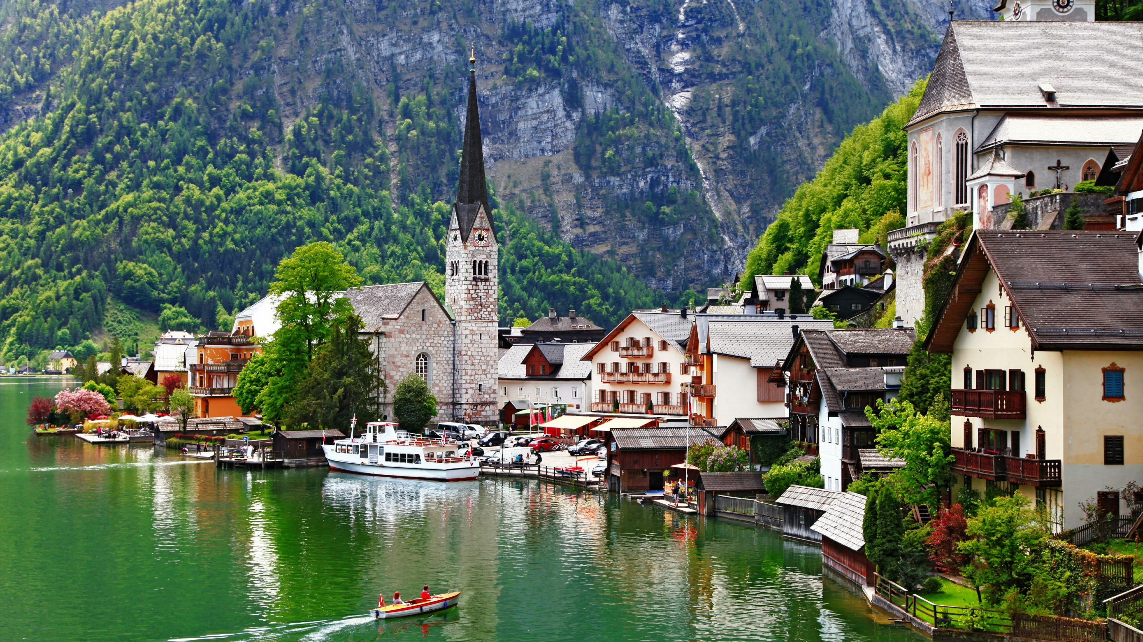 town, lake, europe, mountain village, hallstatter see, austria, salzkammergut, 4K, hallstattersee, hallstatt, mountain, water, hill station, tree, lake, HD Wallpaper