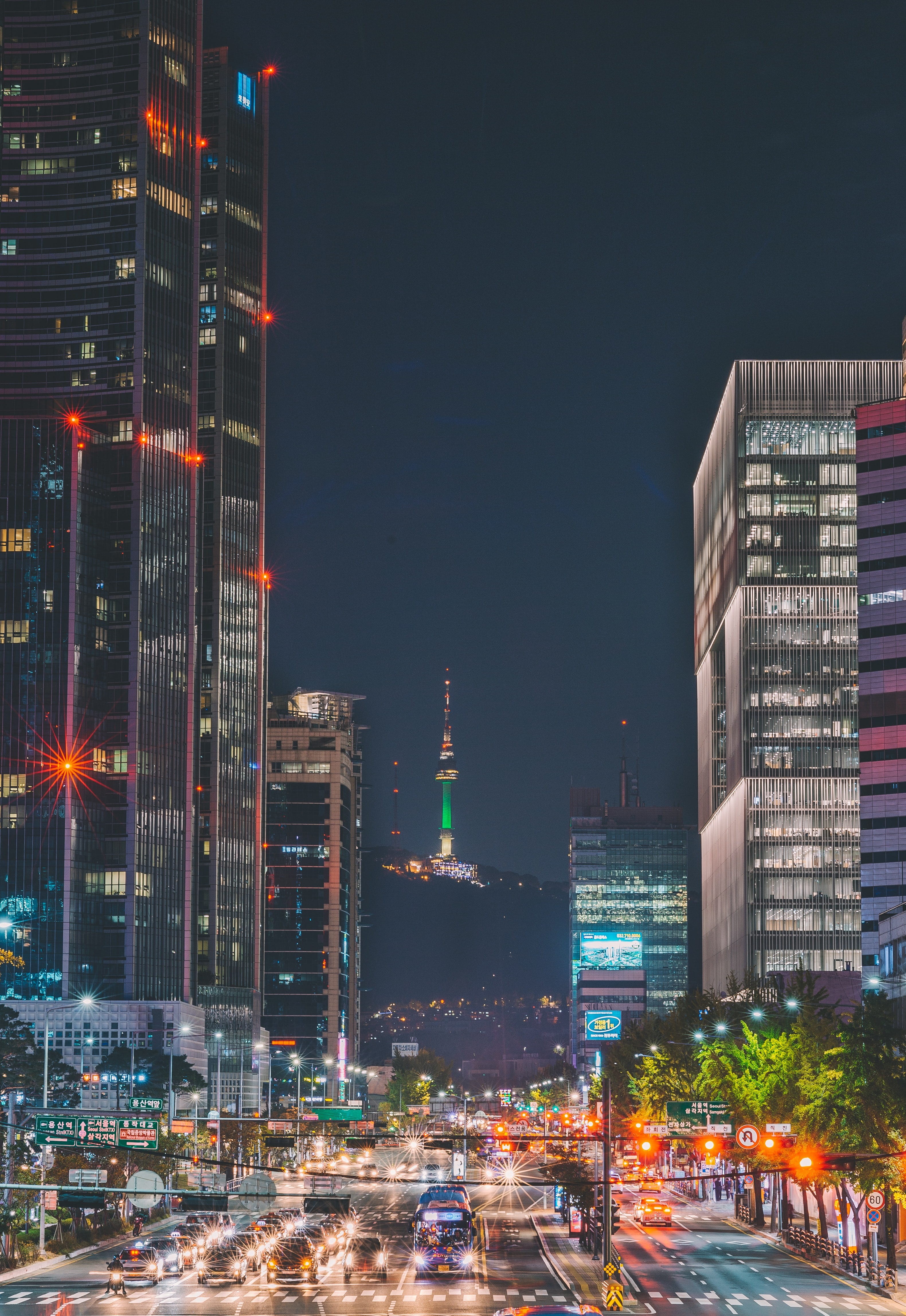 city, seoul tower, yongsan, city street, sky, night, no people, cityscape, skyscraper, namsan, outdoors, transportation, passing, architecture, car, drive, Phone HD Wallpaper