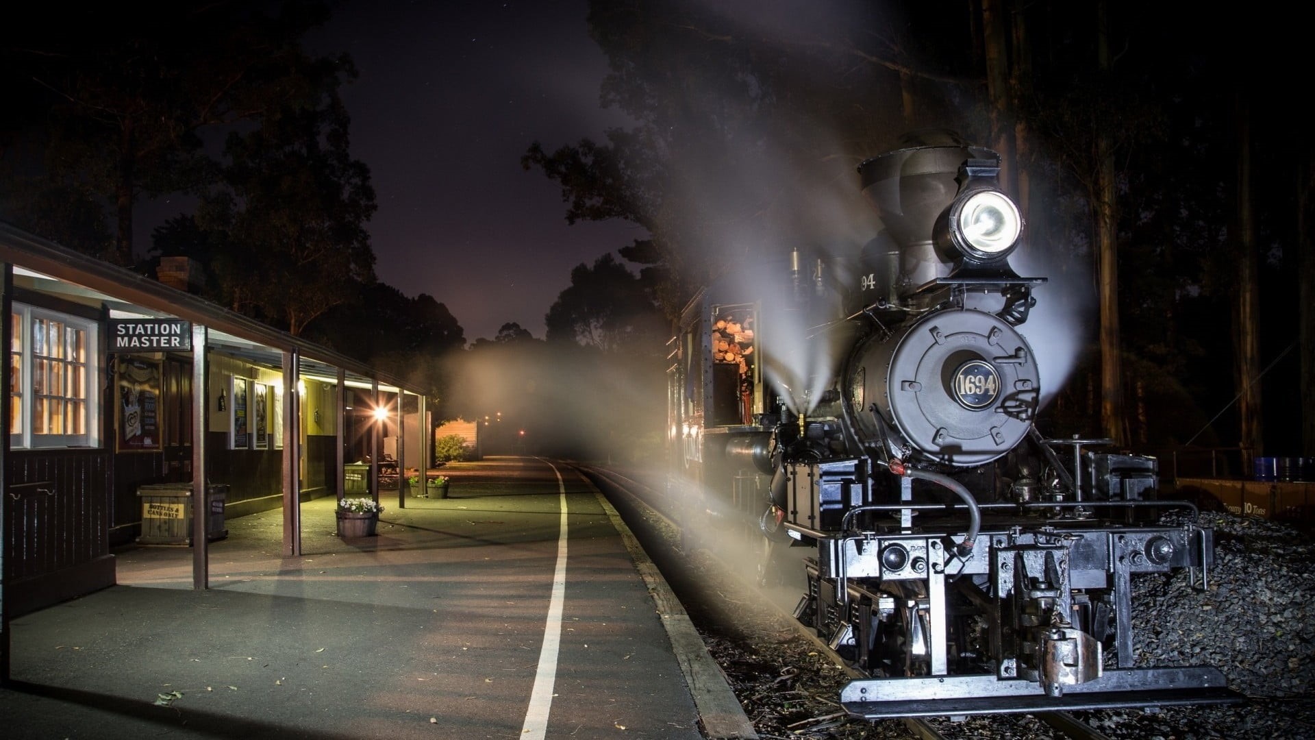 railroad track, forest, stop, railway, steam train, station, 1080P, smoke - physical structure, train, trees, mode of transportation, transportation, street, HD Wallpaper