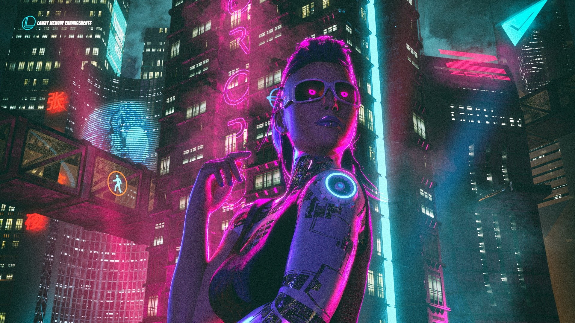 night, glasses, one person, city, artwork, digital composite, building exterior, lifestyles, 1080P, nightlife, synthwave, skyscraper, low angle view, cyberpunk, HD Wallpaper